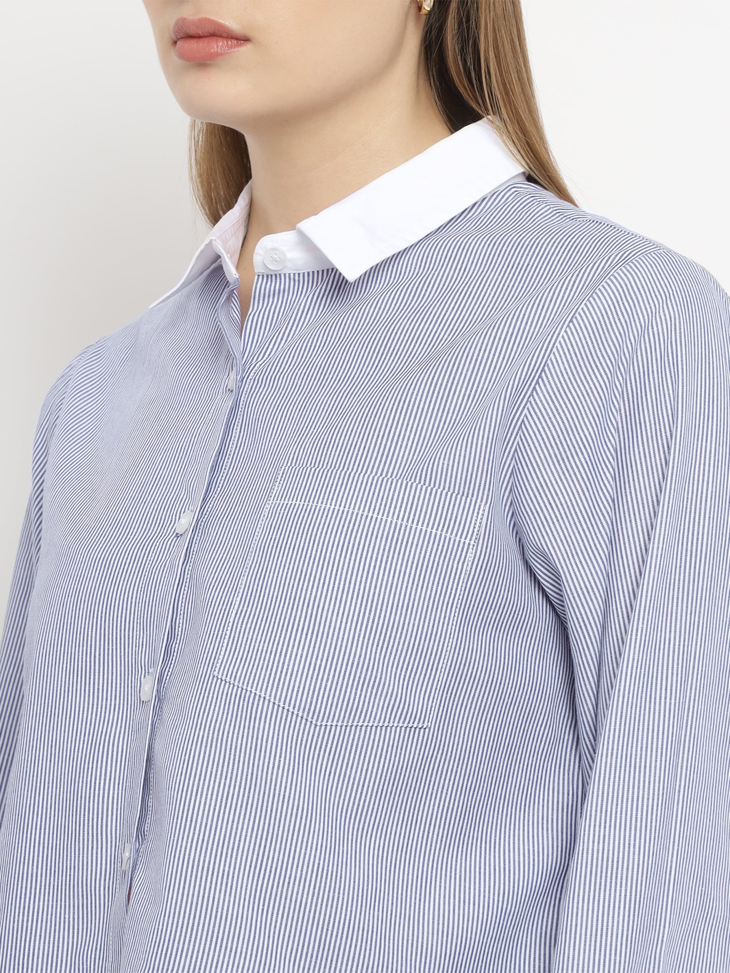 Women’s Blue Striped Crop Banker Shirt- 2907