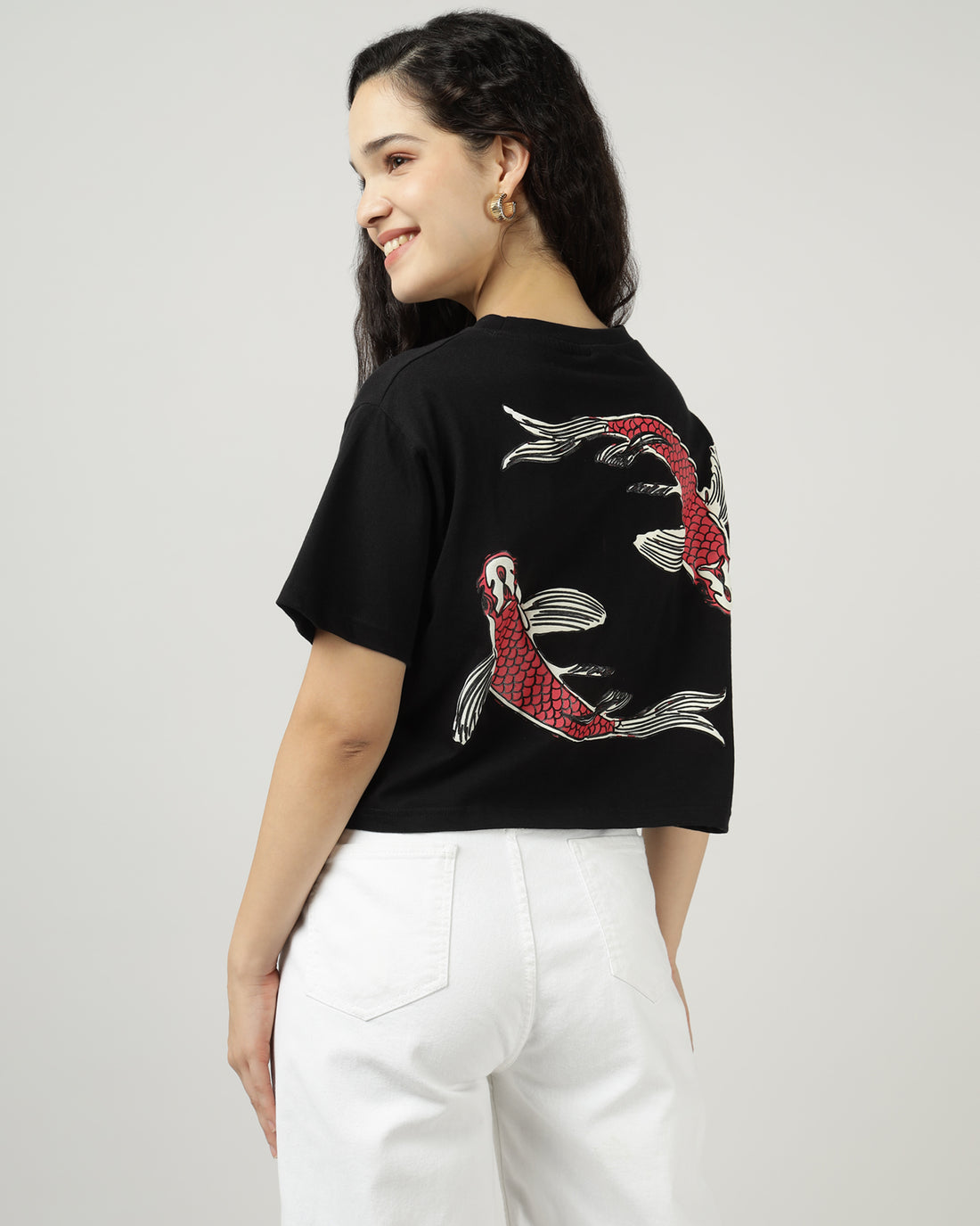 Women’s Black Crop Top with Twin Fish Back Print - 2996