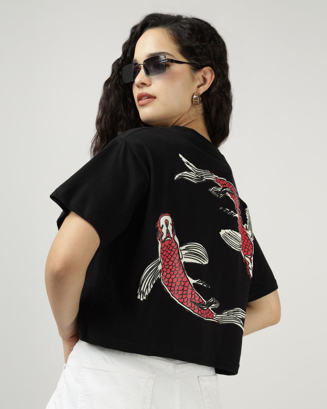 Women’s Black Crop Top with Twin Fish Back Print - 2996