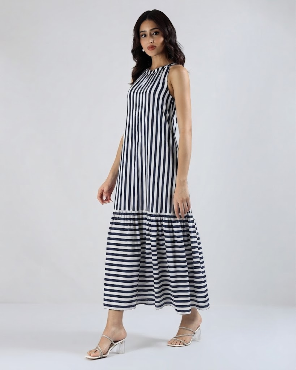 Sands Of India Women’s Blue & Off-White Striped Halter Neck Flounce Hem Dress - 3127