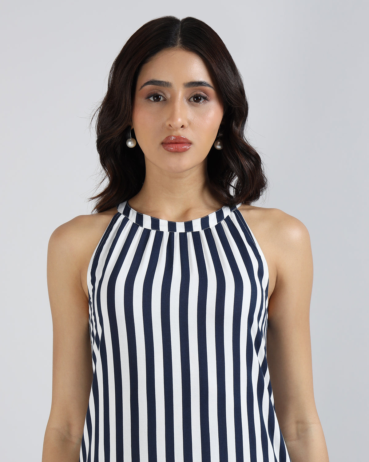 Sands Of India Women’s Blue & Off-White Striped Halter Neck Flounce Hem Dress - 3127