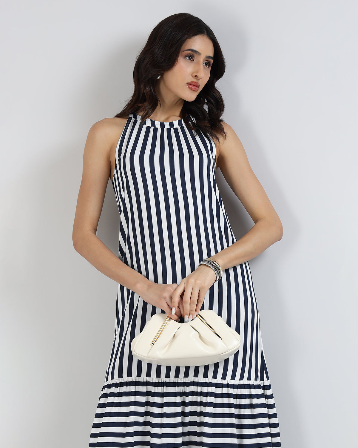 Sands Of India Women’s Blue & Off-White Striped Halter Neck Flounce Hem Dress - 3127