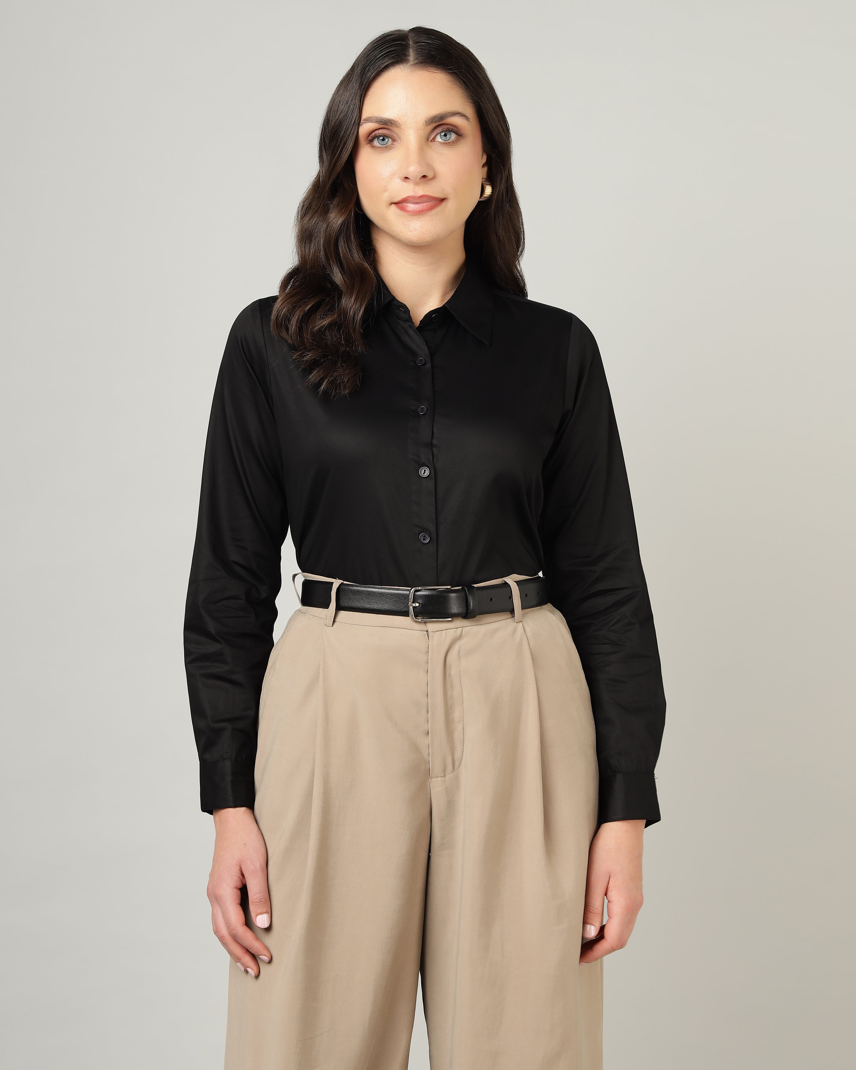 Women’s Black Cotton Satin Regular Fit Shirt -3064