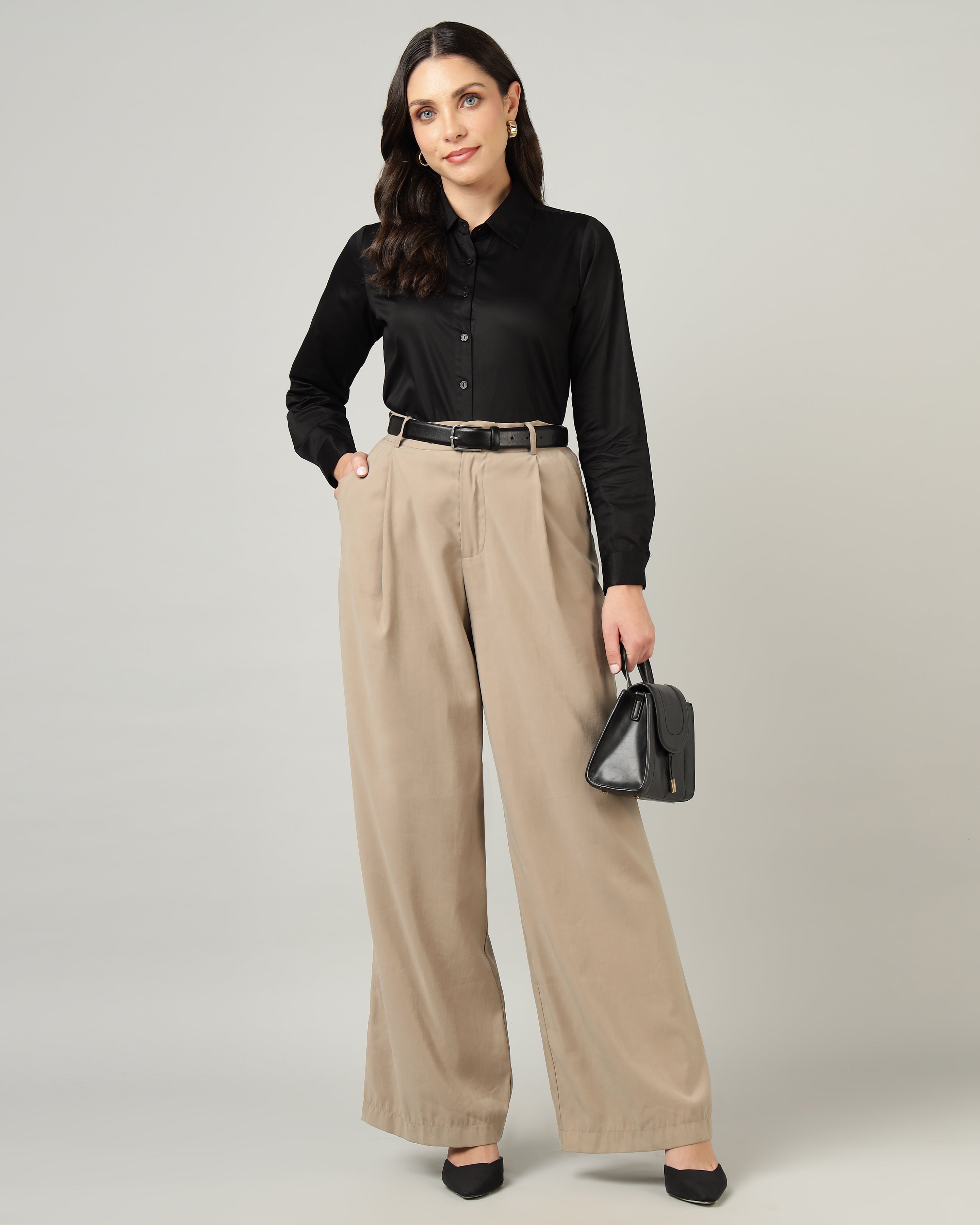 Women’s Black Cotton Satin Regular Fit Shirt -3064