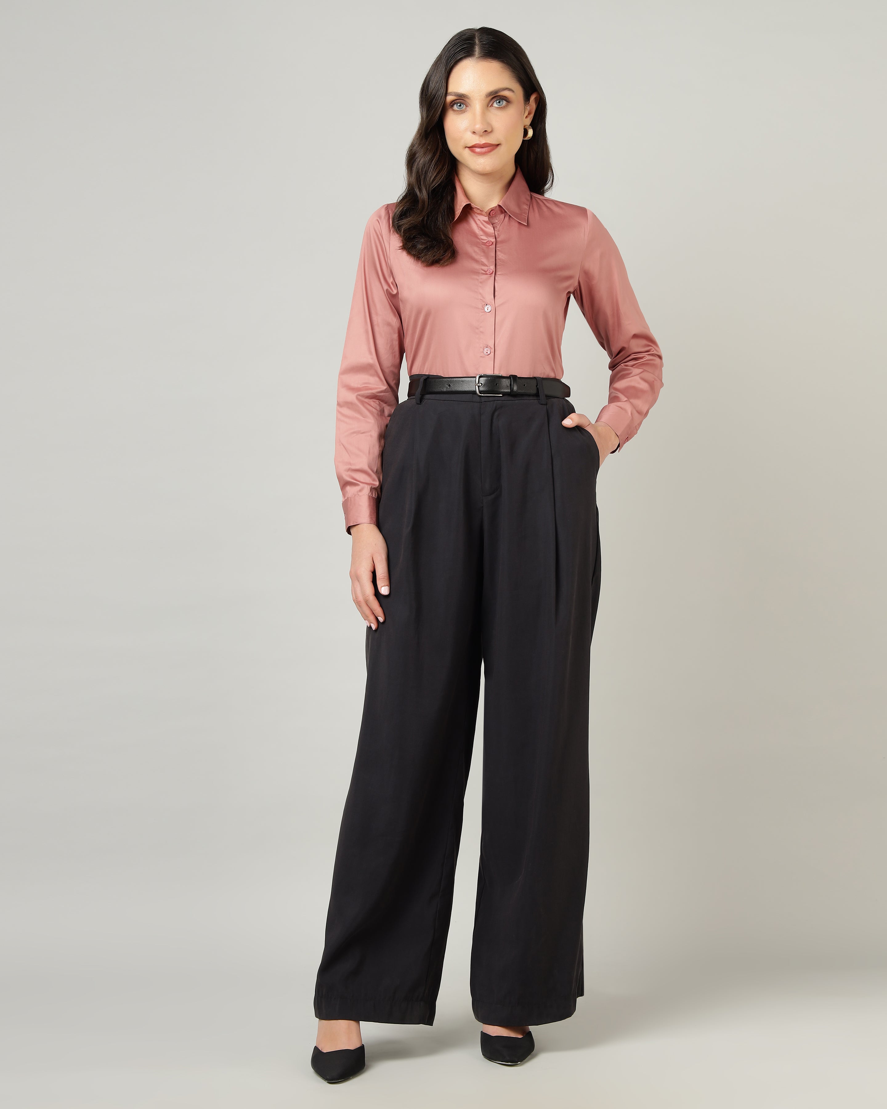 Women’s Pastel Pink Cotton Satin Regular Fit Shirt -3065