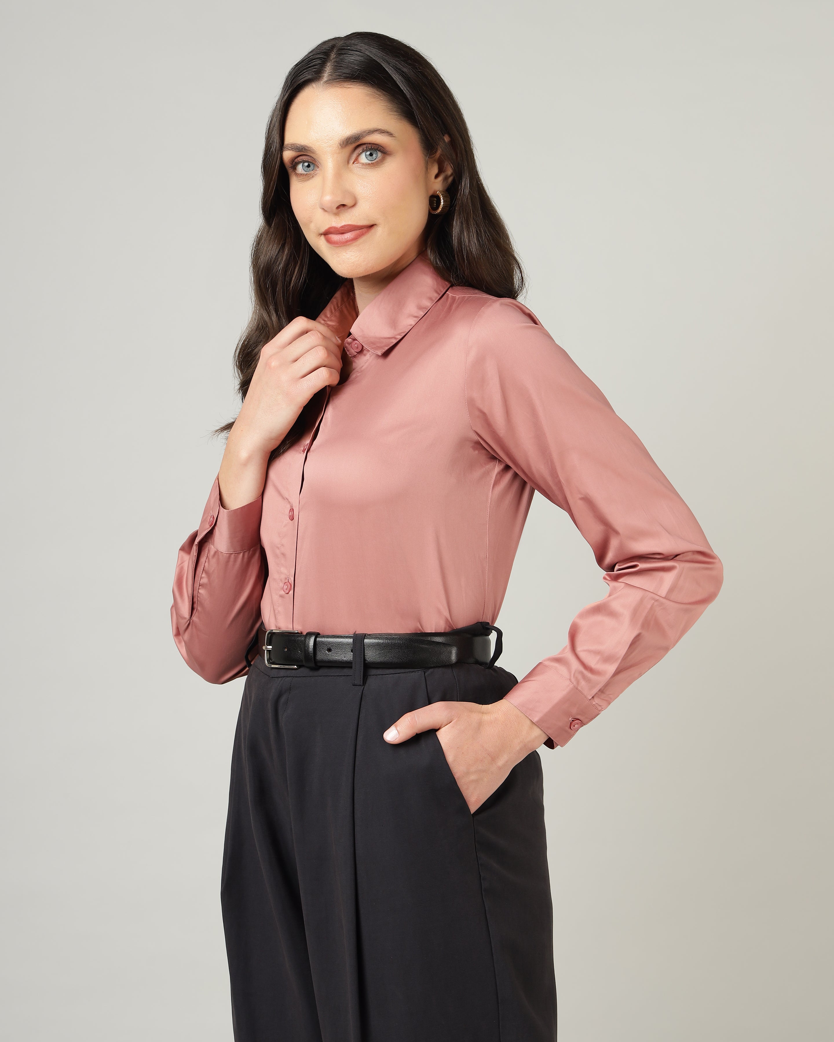 Women’s Pastel Pink Cotton Satin Regular Fit Shirt -3065