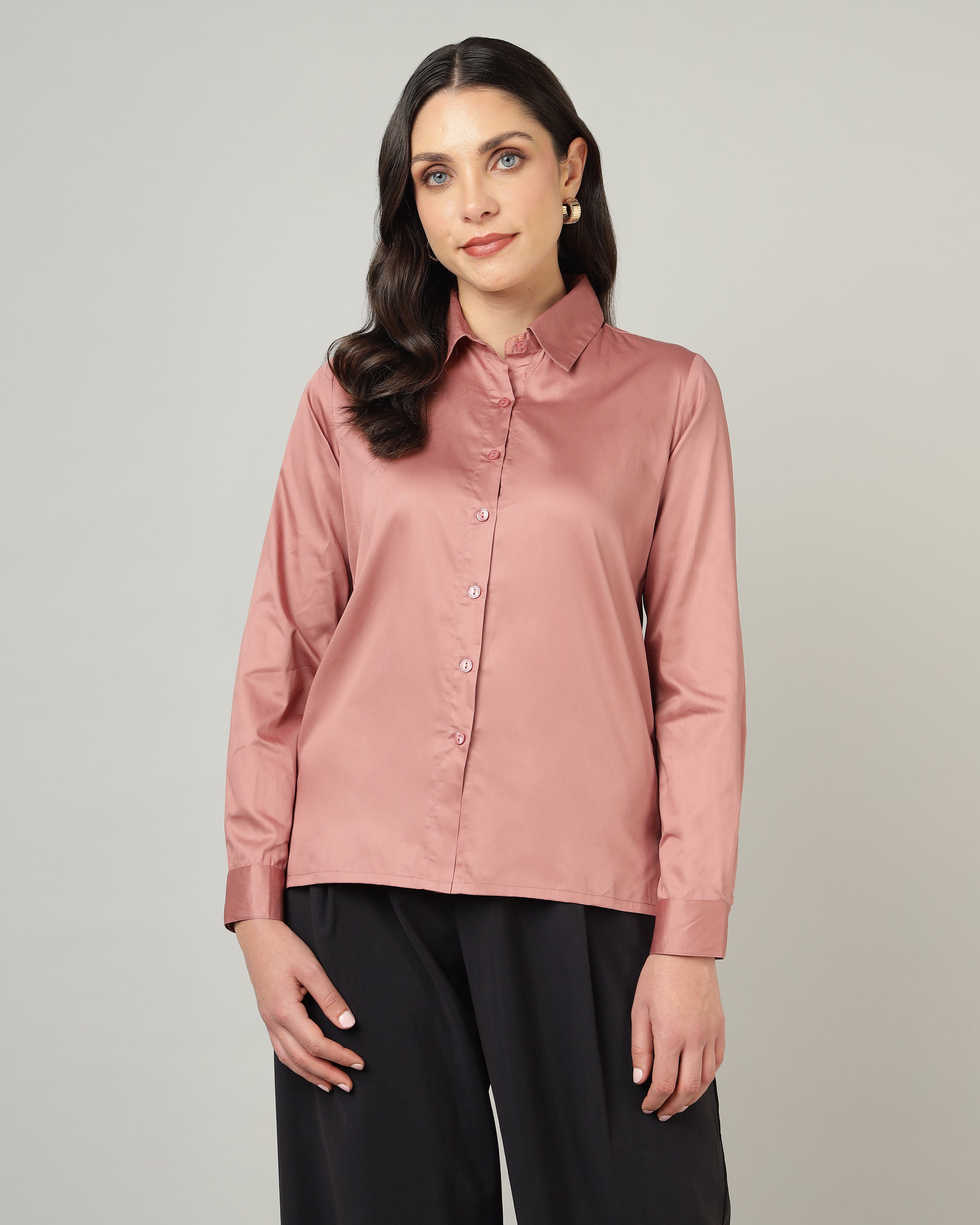 Women’s Pastel Pink Cotton Satin Regular Fit Shirt -3065