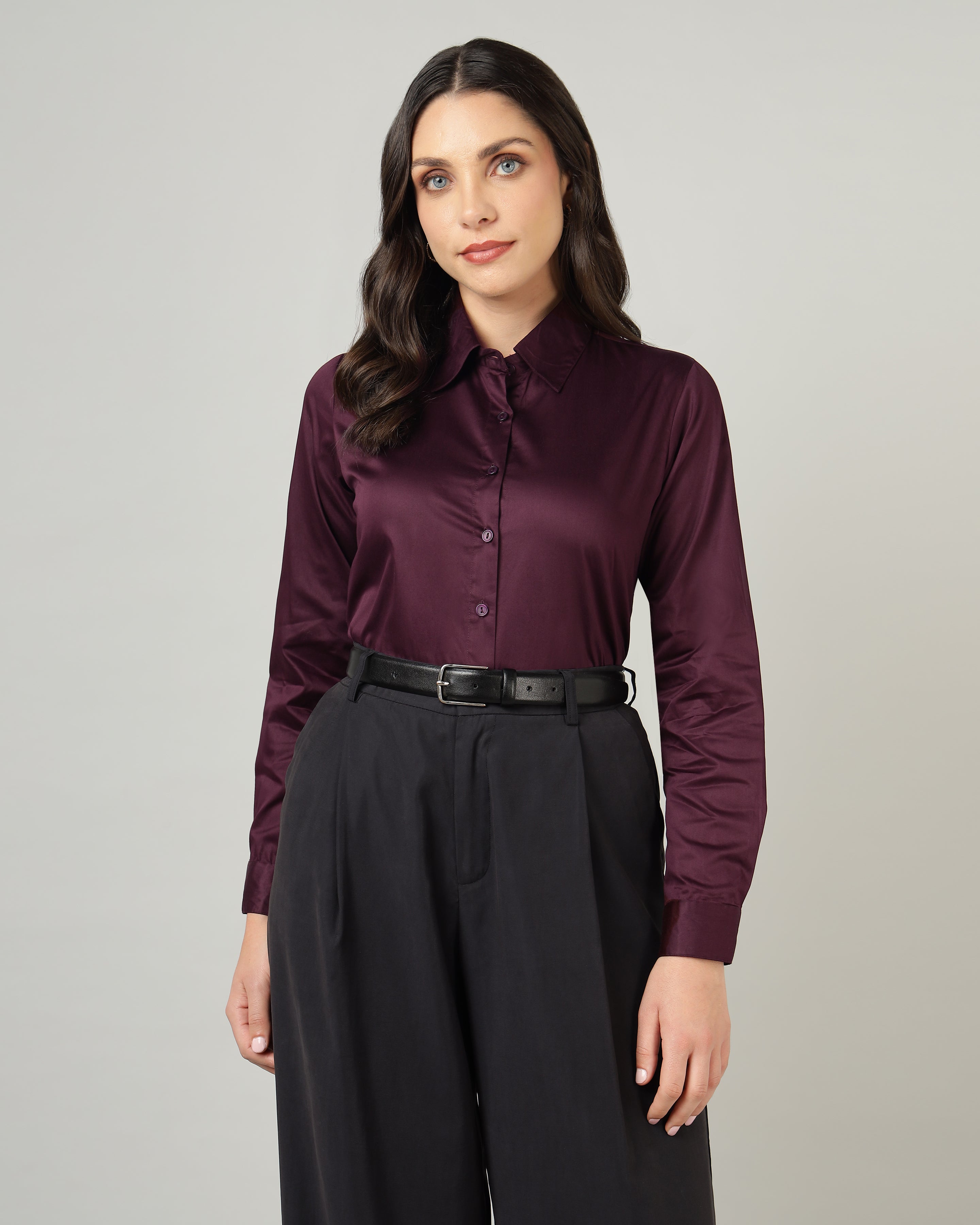 Women’s Purple Cotton Satin Regular Fit Shirt -3066