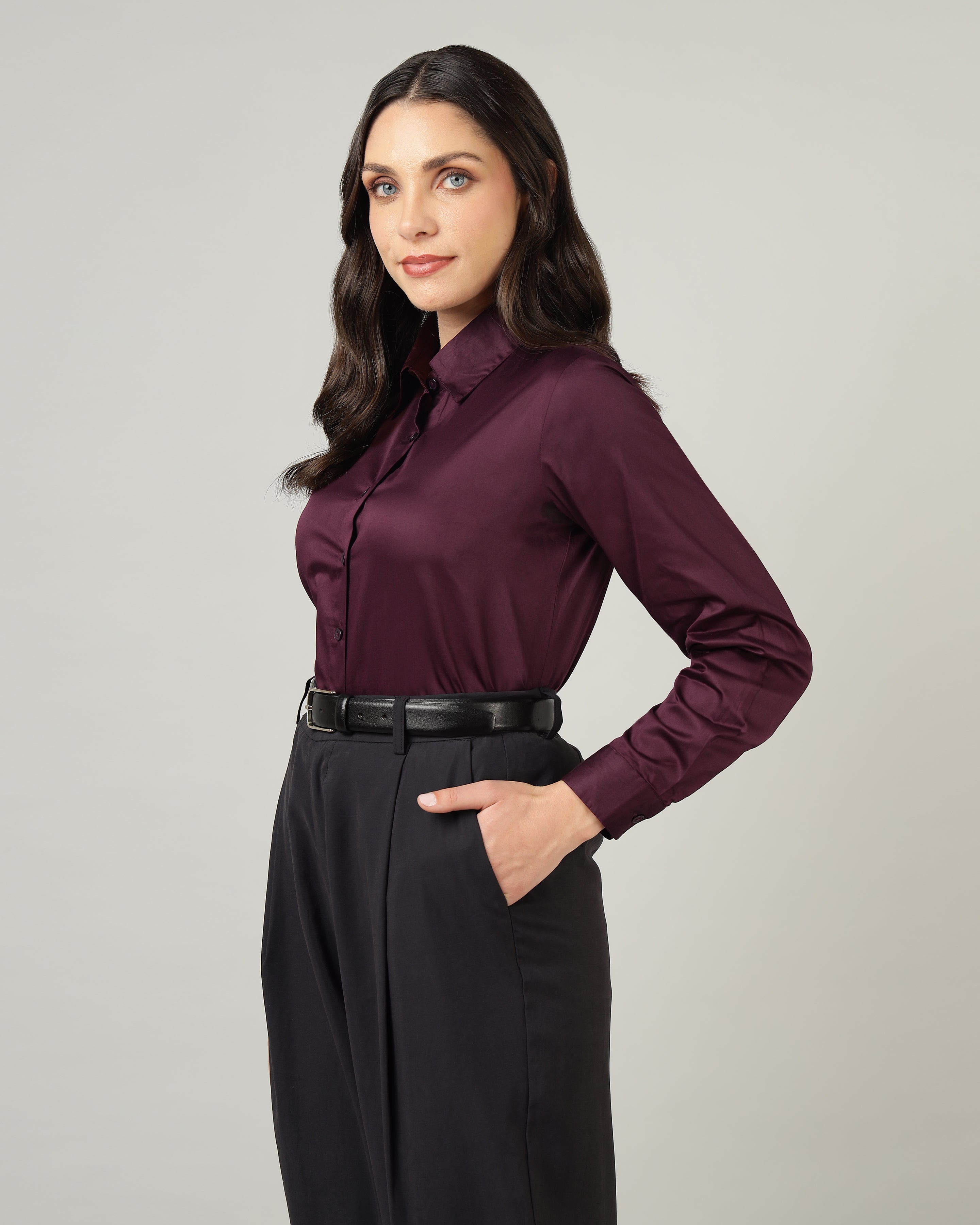 Women’s Purple Cotton Satin Regular Fit Shirt -3066