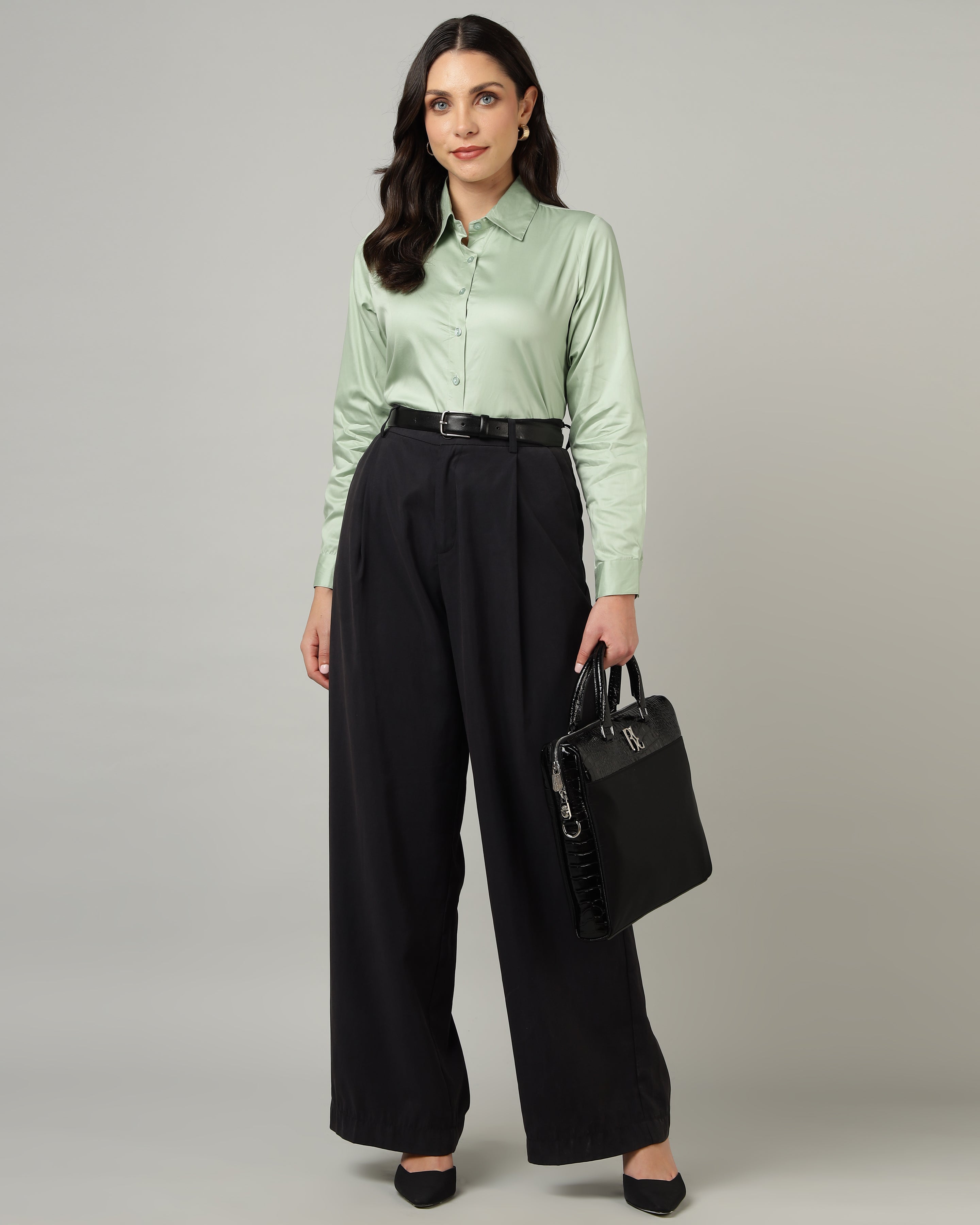 Women’s Pastel Green Cotton Satin Regular Fit Shirt- 3067