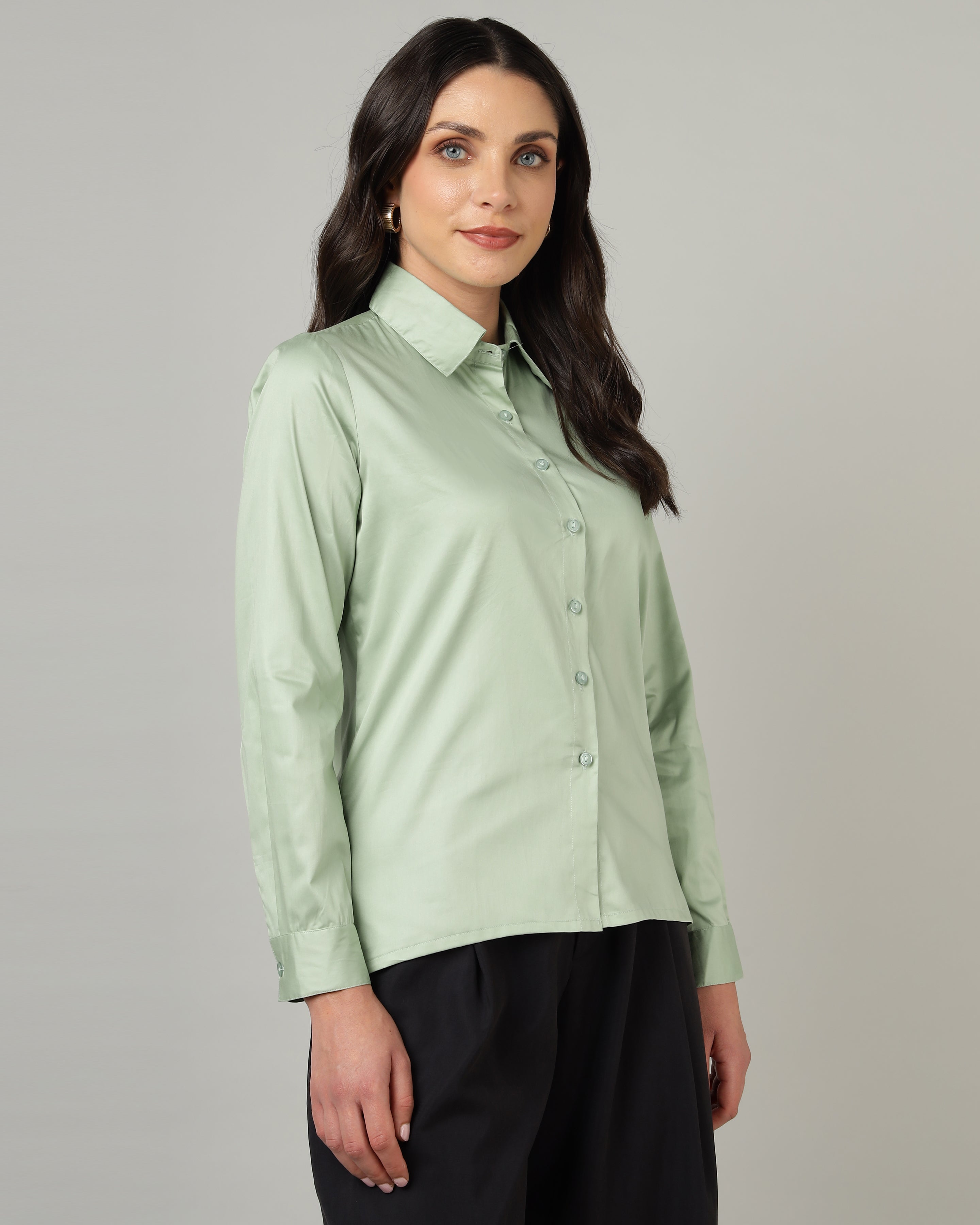 Women’s Pastel Green Cotton Satin Regular Fit Shirt- 3067