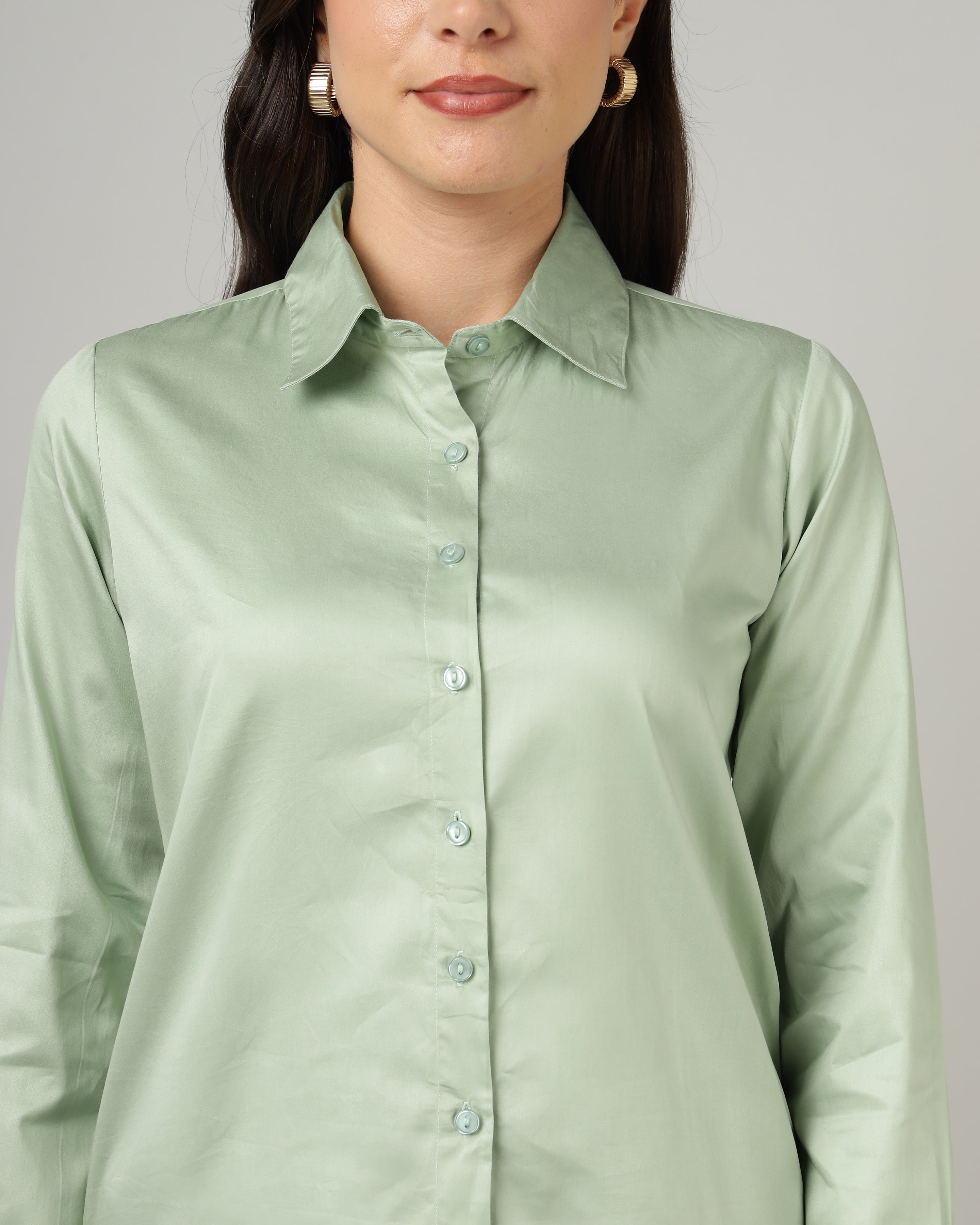 Women’s Pastel Green Cotton Satin Regular Fit Shirt- 3067