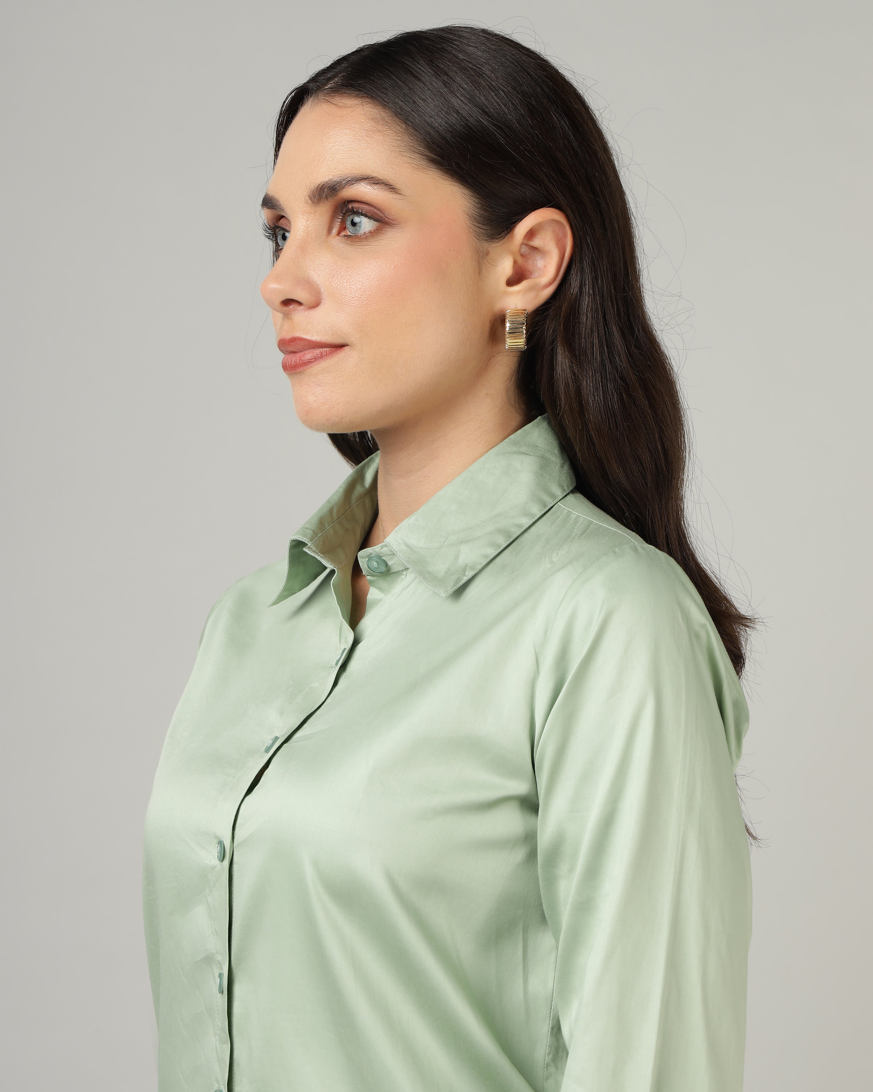 Women’s Pastel Green Cotton Satin Regular Fit Shirt- 3067