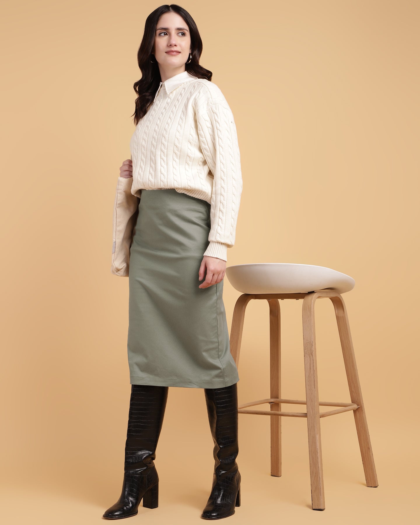 Women’s Olive Haze Pencil Skirt - High waisted with Back Slit -2934