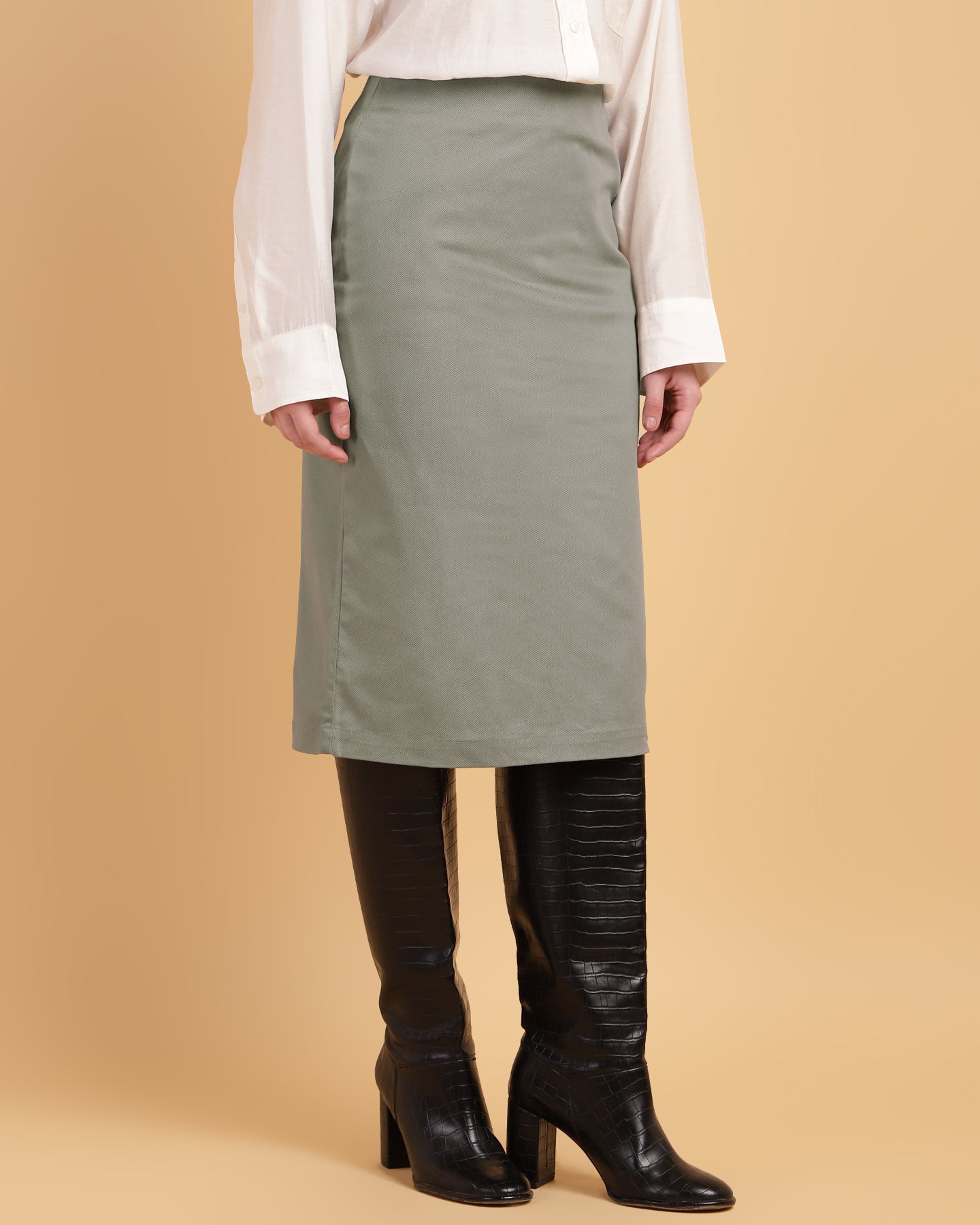 Women’s Olive Haze Pencil Skirt - High waisted with Back Slit -2934