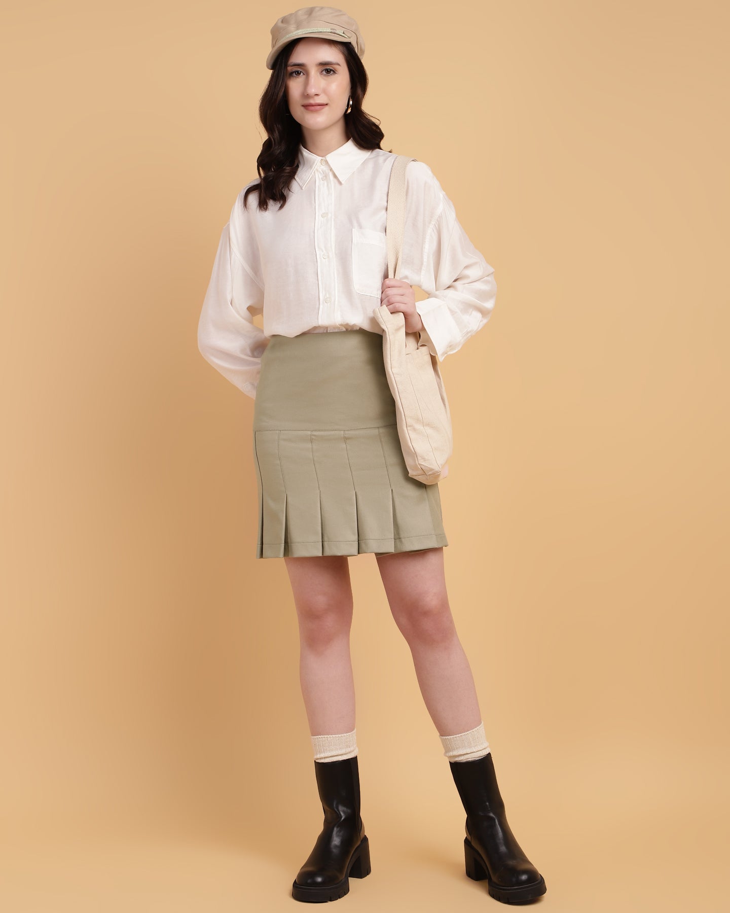 Women’s Khaki Plaid Pleated Mini Skirt -2938