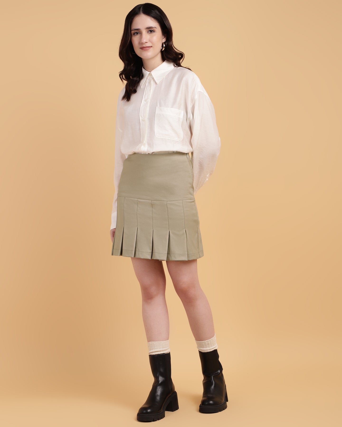 Women’s Khaki Plaid Pleated Mini Skirt -2938