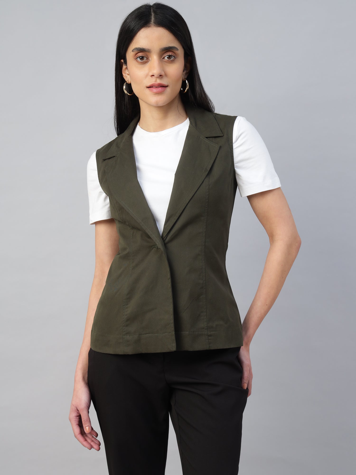 Women’s Dark Olive Green Sleeveless Blazer Vest -2963