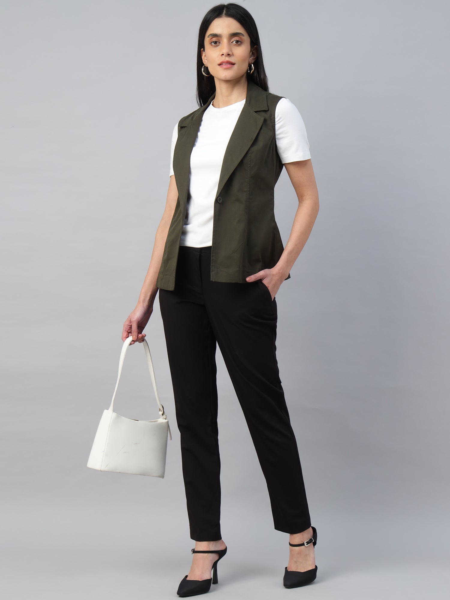 Women’s Dark Olive Green Sleeveless Blazer Vest -2963
