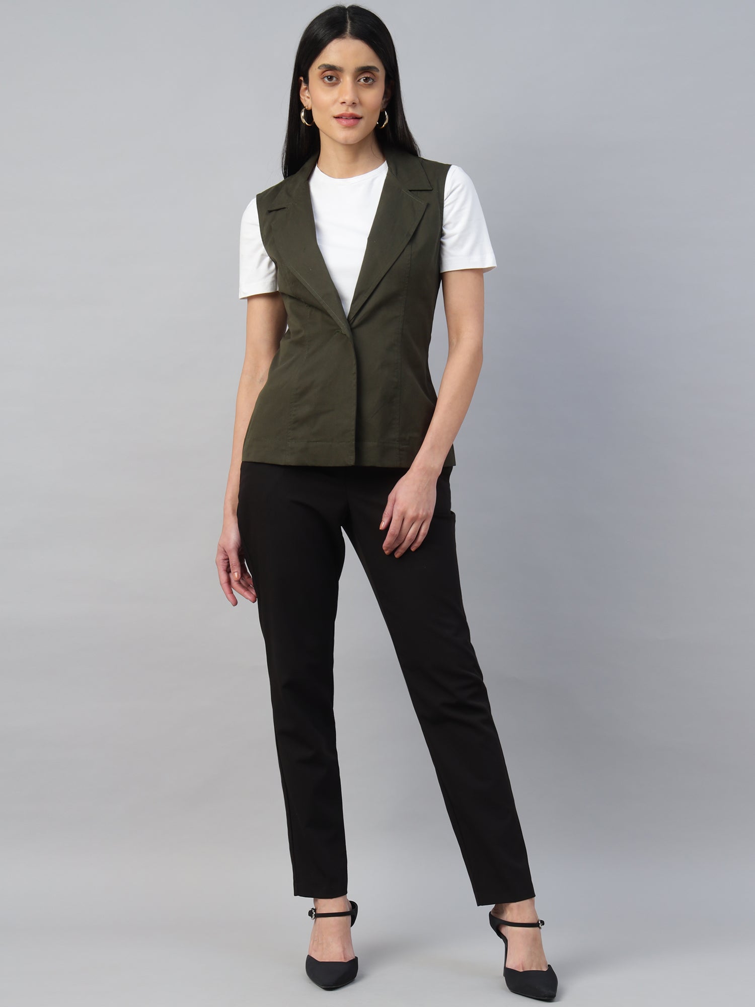 Women’s Dark Olive Green Sleeveless Blazer Vest -2963