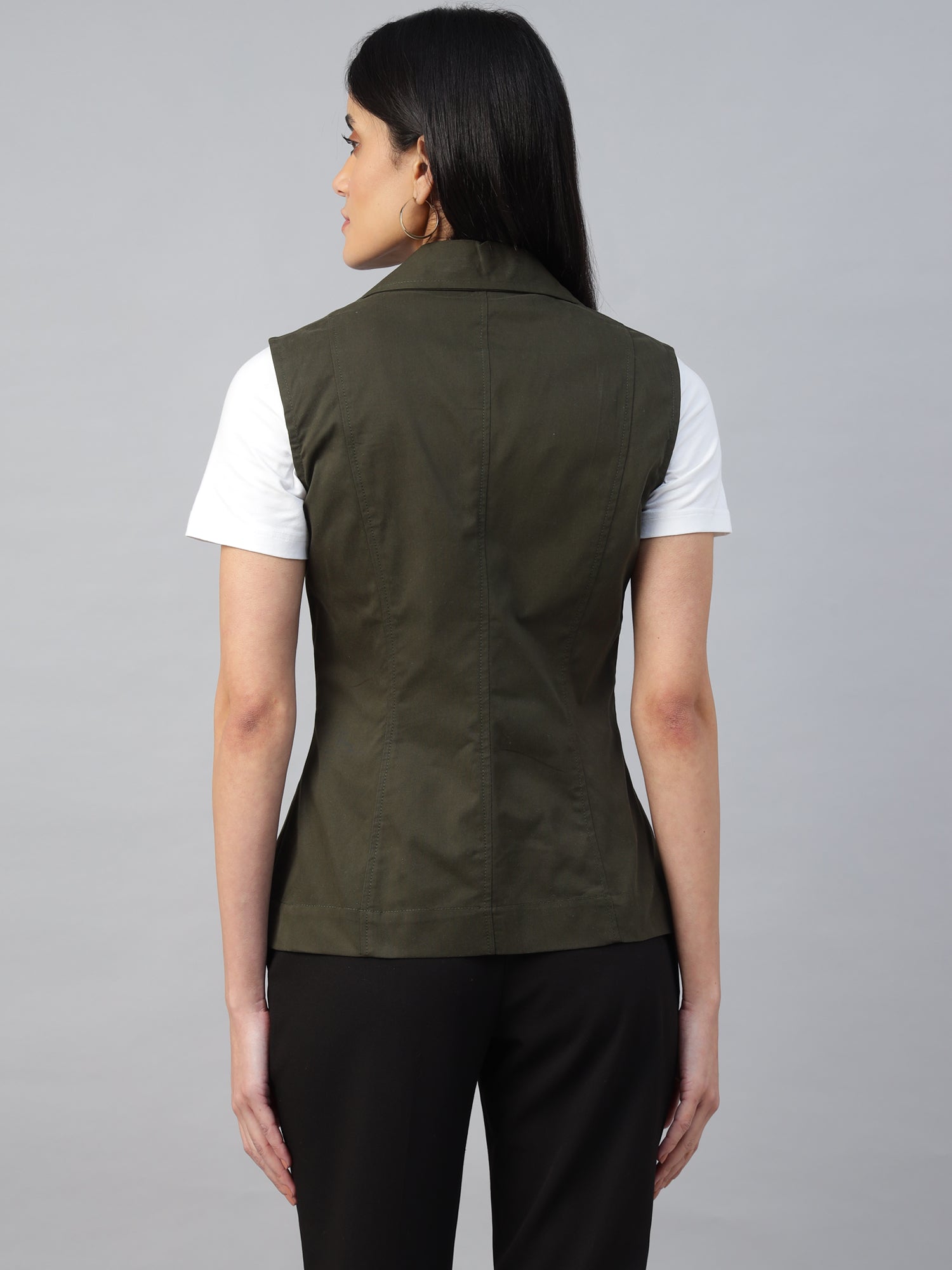 Women’s Dark Olive Green Sleeveless Blazer Vest -2963