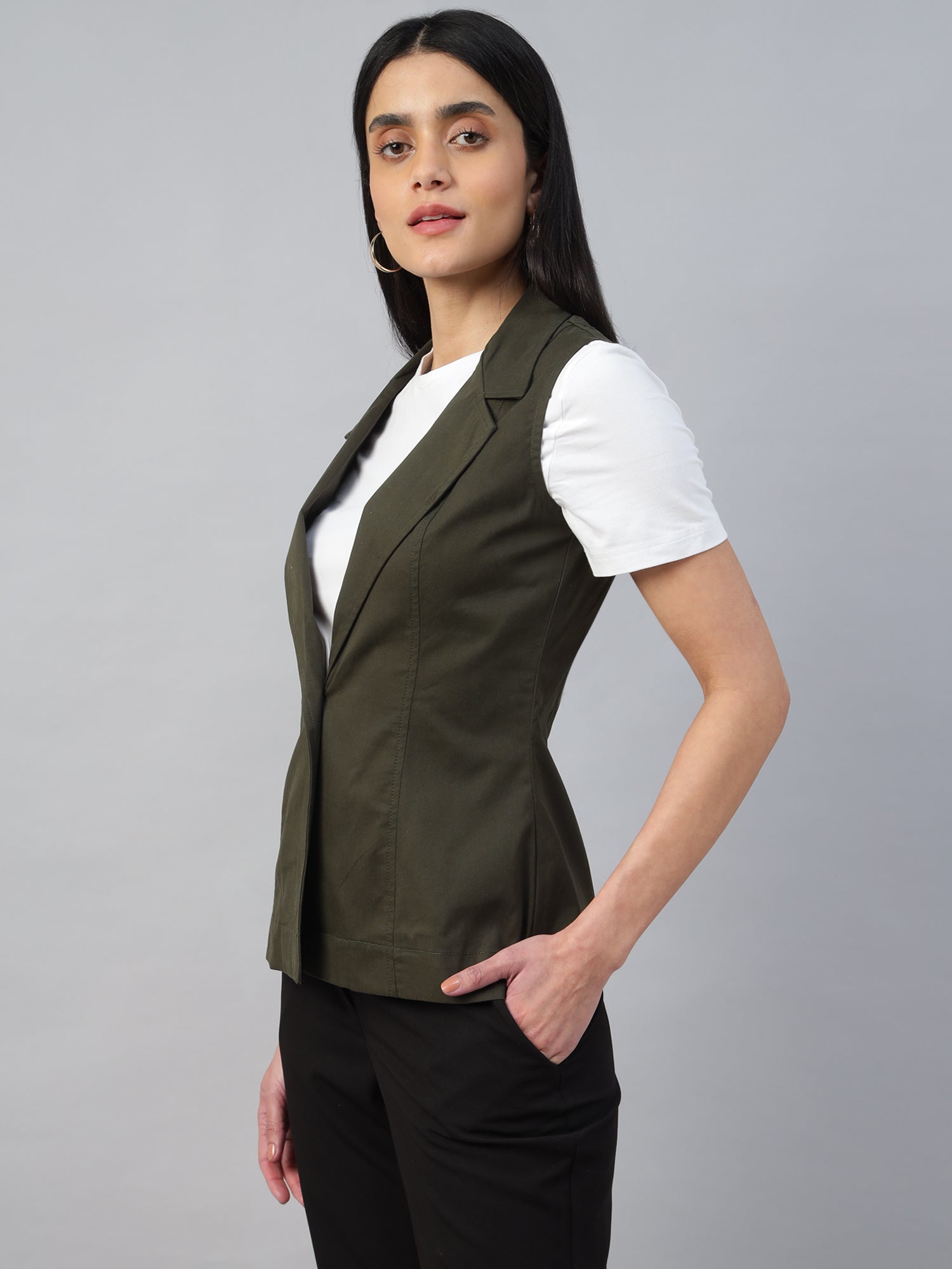 Women’s Dark Olive Green Sleeveless Blazer Vest -2963