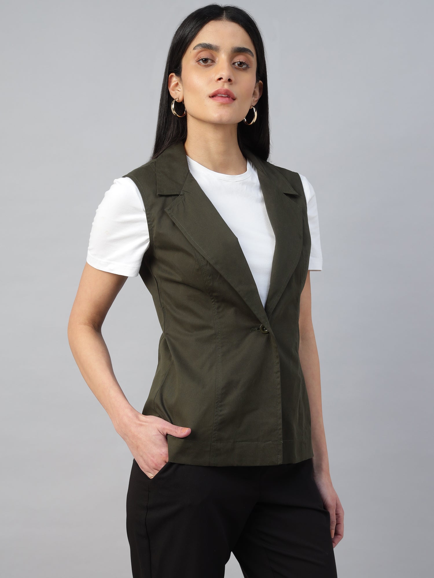 Women’s Dark Olive Green Sleeveless Blazer Vest -2963
