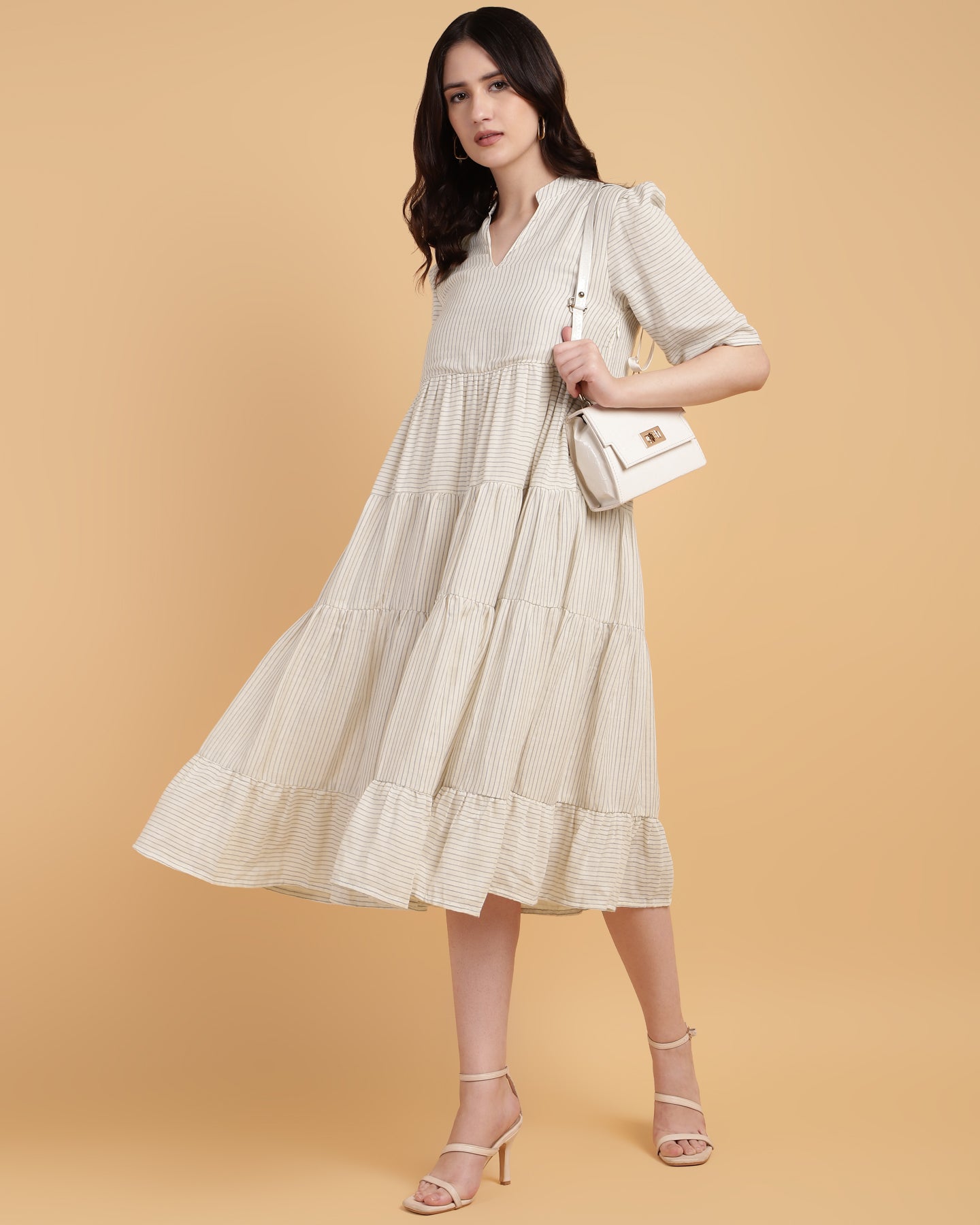 Beige Stripped tiered textured casual midi dress with lining