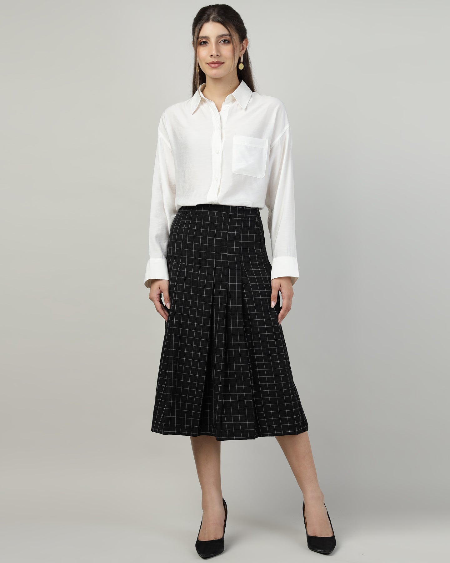 Women’s Black Checked Pleated A-Line Midi Skirt – Calf-Length-2932