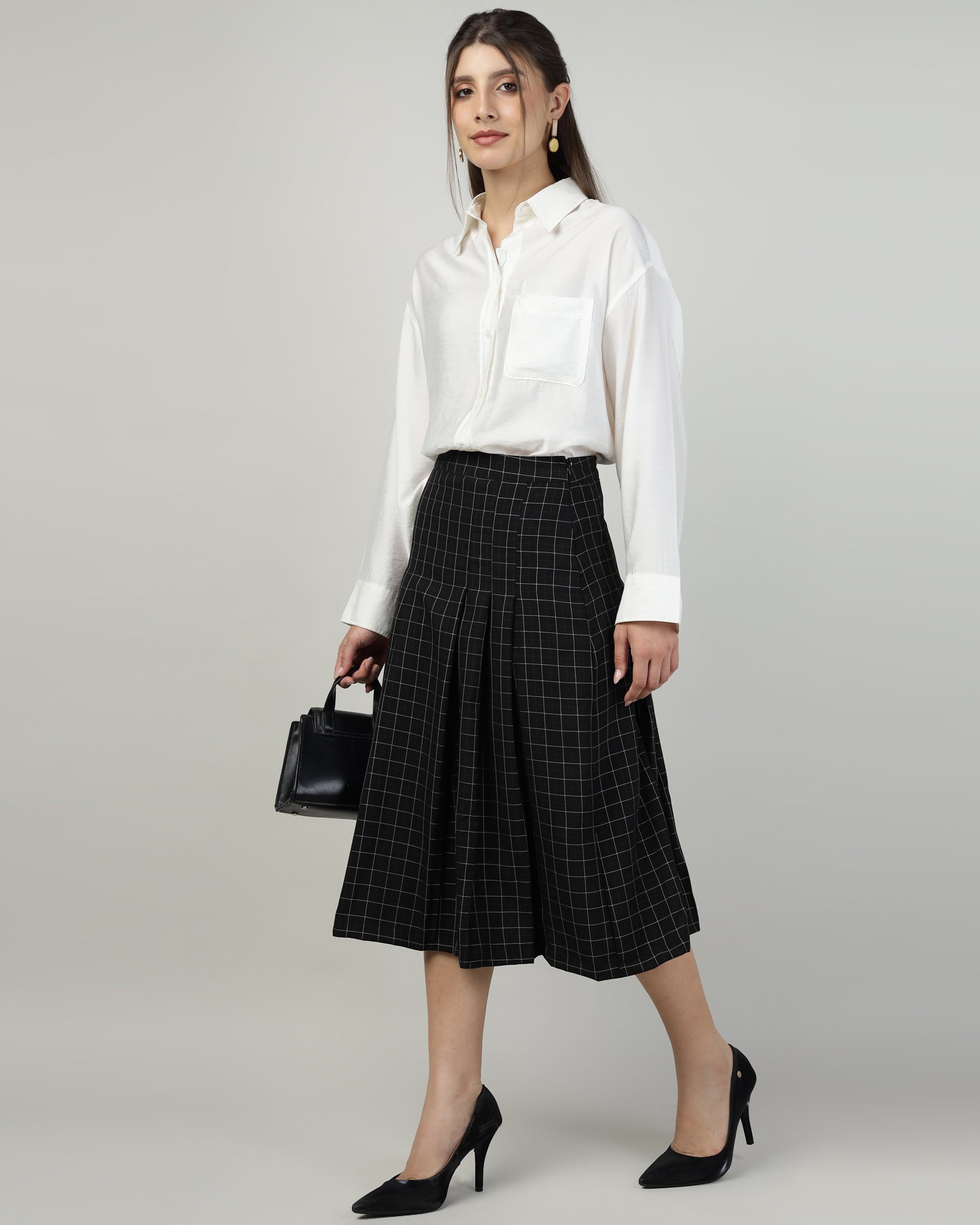 Women’s Black Checked Pleated A-Line Midi Skirt – Calf-Length-2932