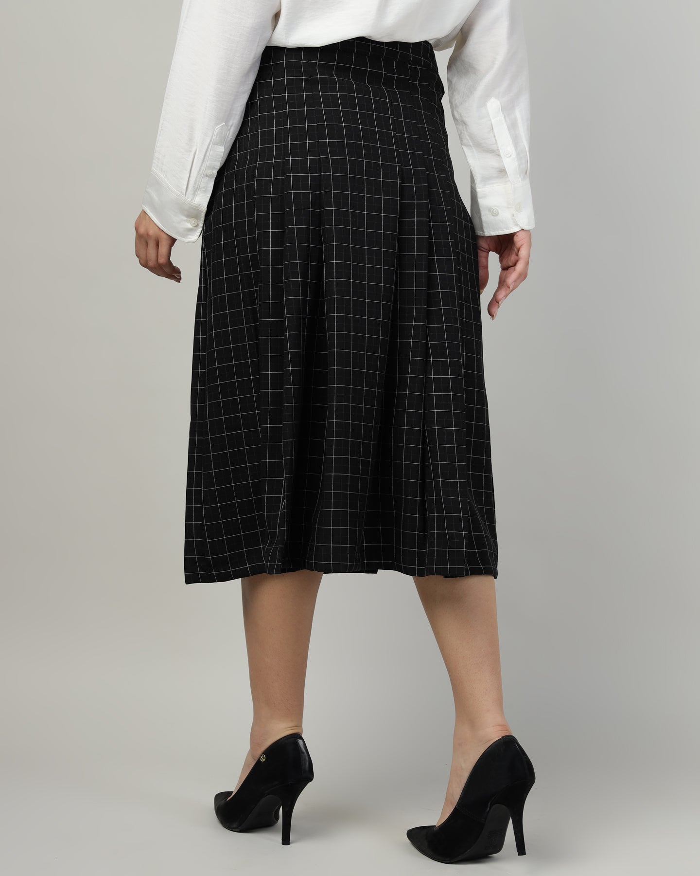Women’s Black Checked Pleated A-Line Midi Skirt – Calf-Length-2932