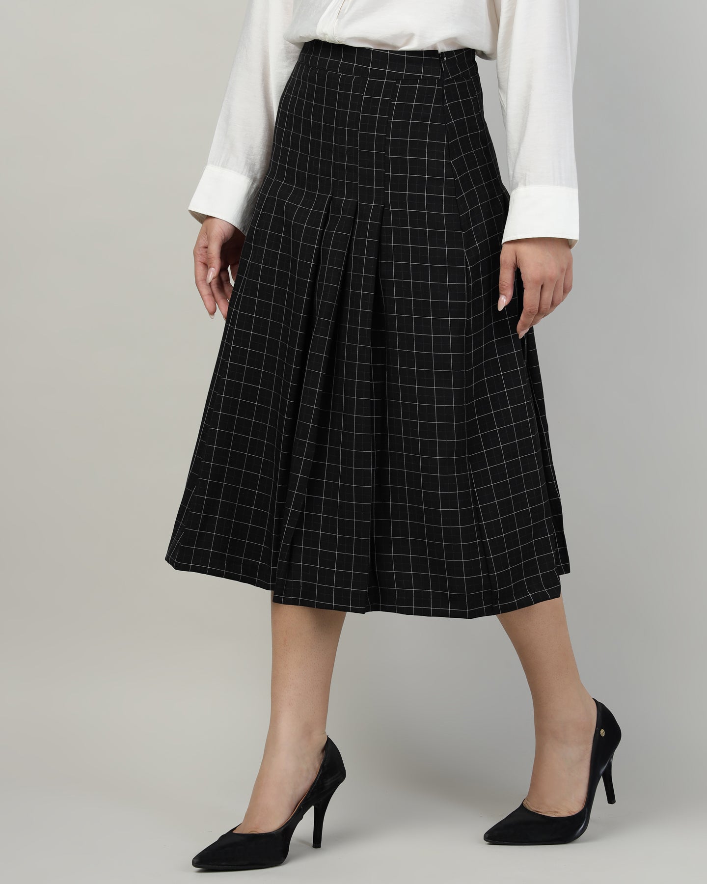 Women’s Black Checked Pleated A-Line Midi Skirt – Calf-Length-2932