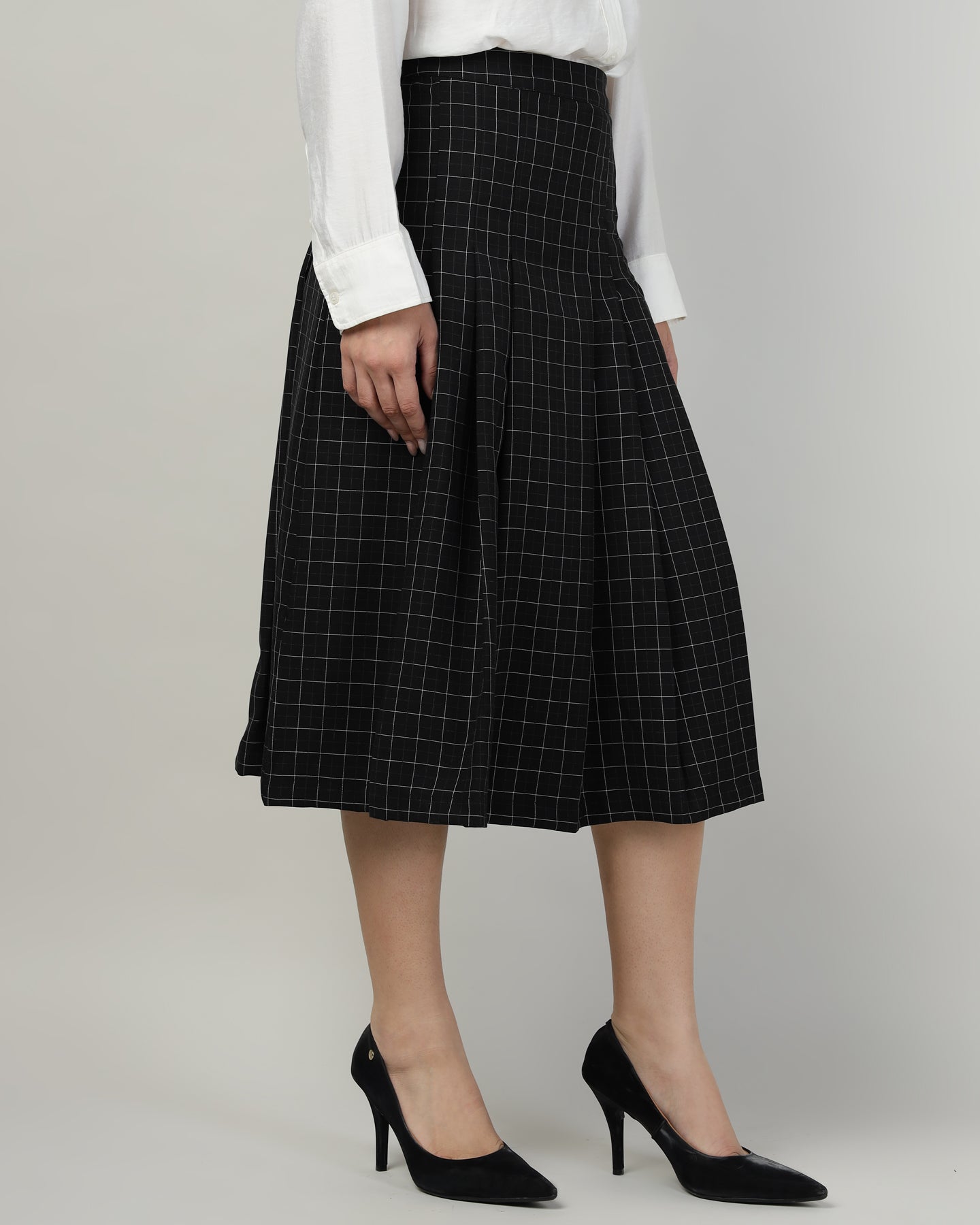 Women’s Black Checked Pleated A-Line Midi Skirt – Calf-Length-2932