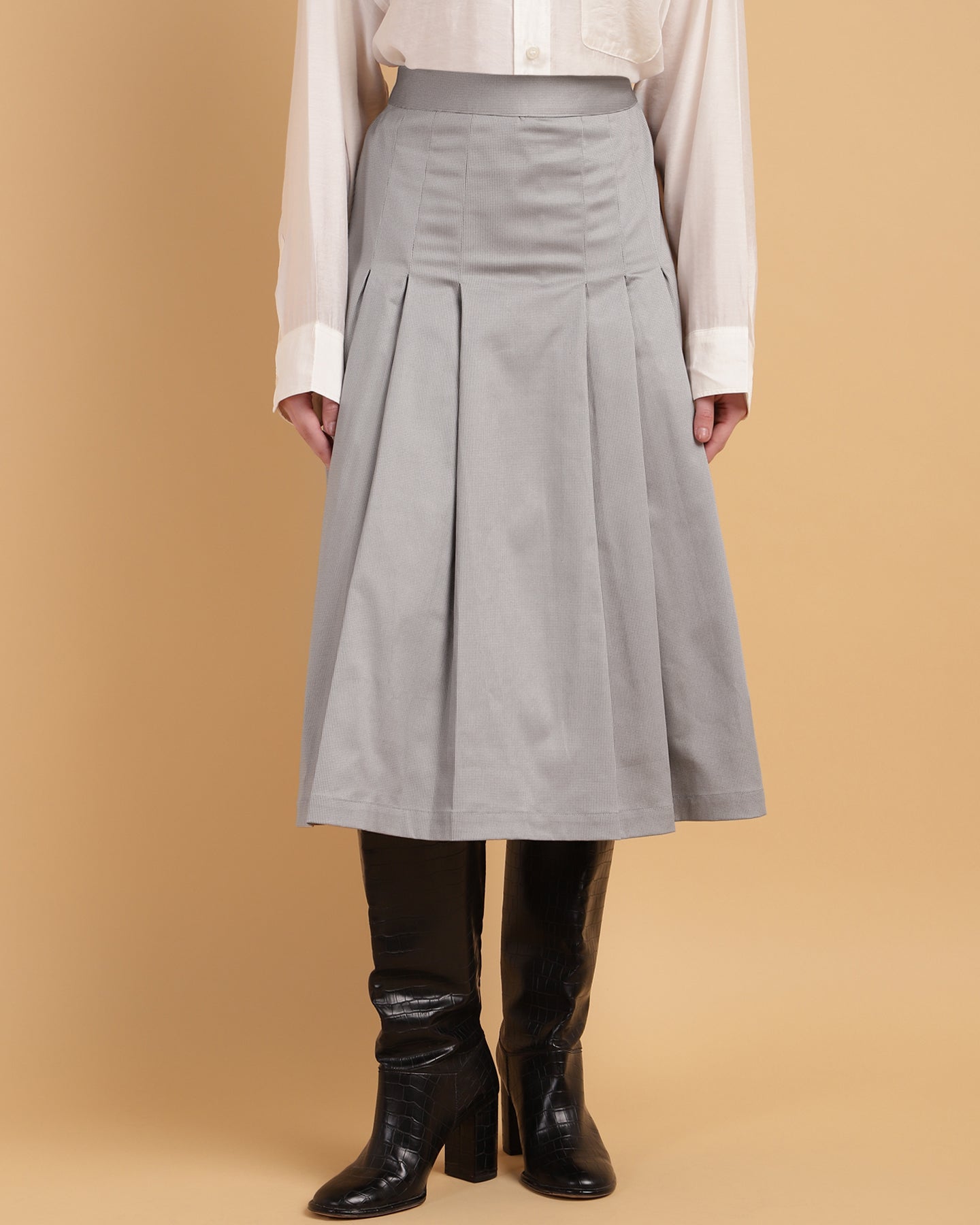 Women’s Grey Pleated A-Line Midi Skirt – Calf-Length-2933