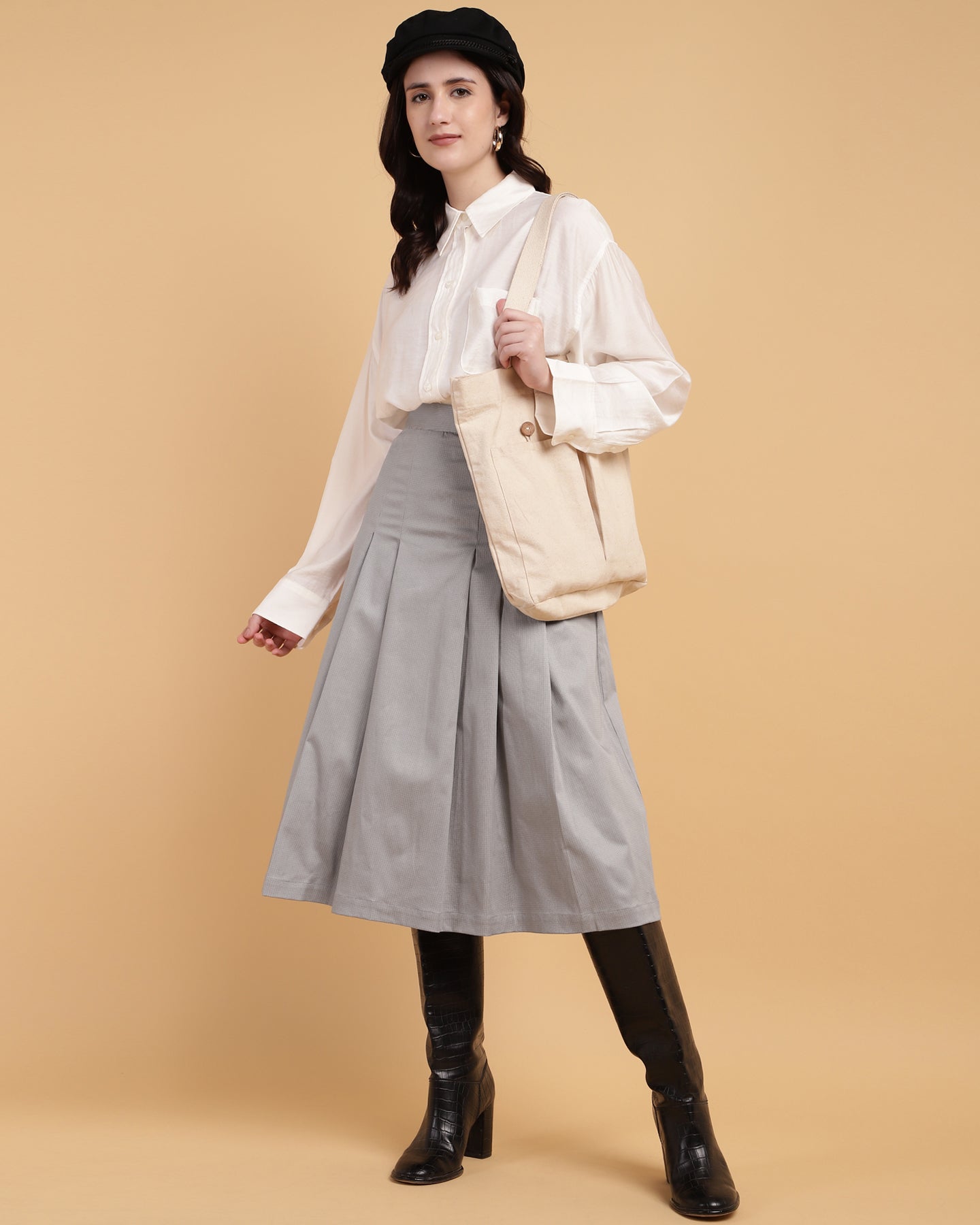 Women’s Grey Pleated A-Line Midi Skirt – Calf-Length-2933