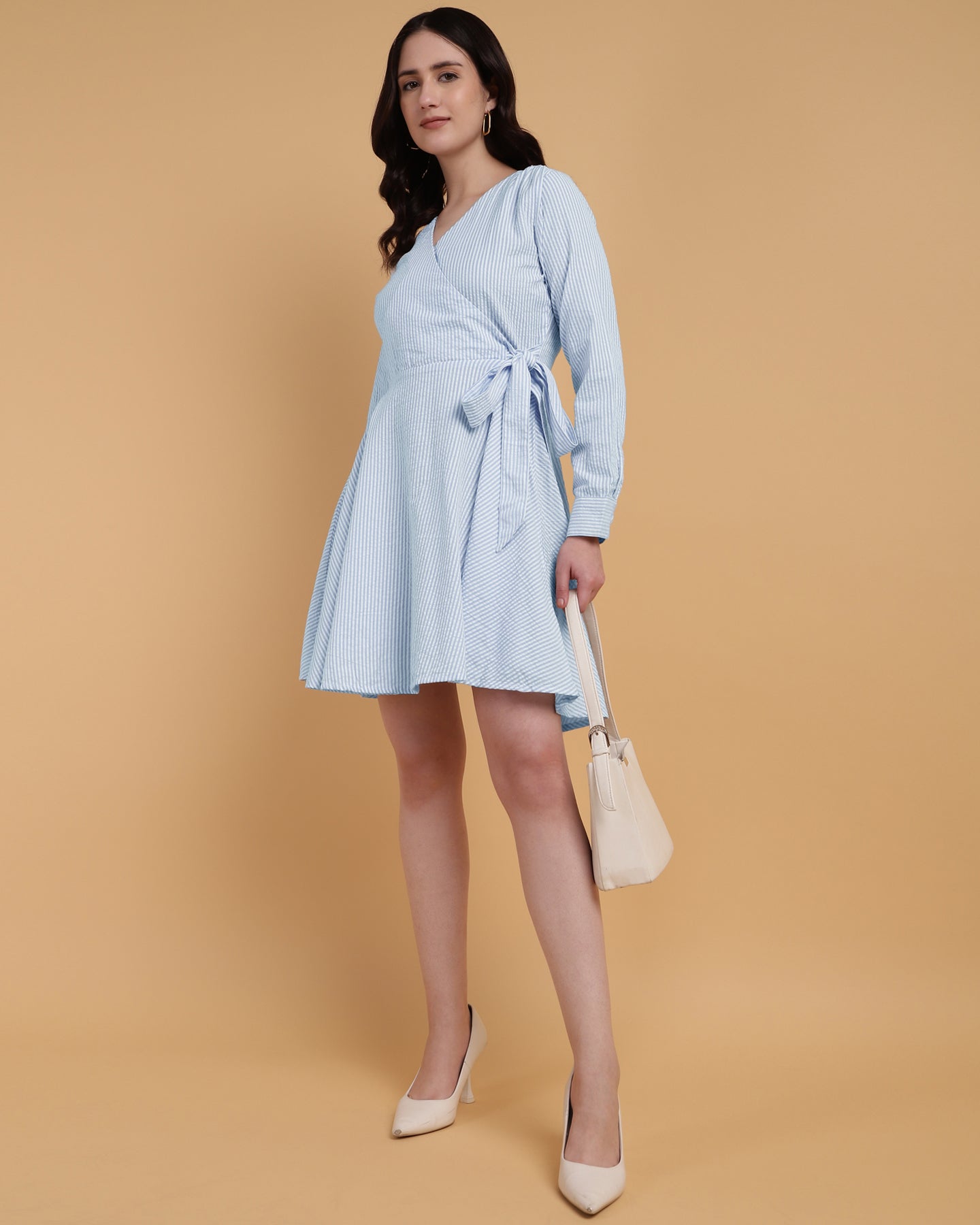 Blue Striped Wrap around Casual Evening Dress-2926