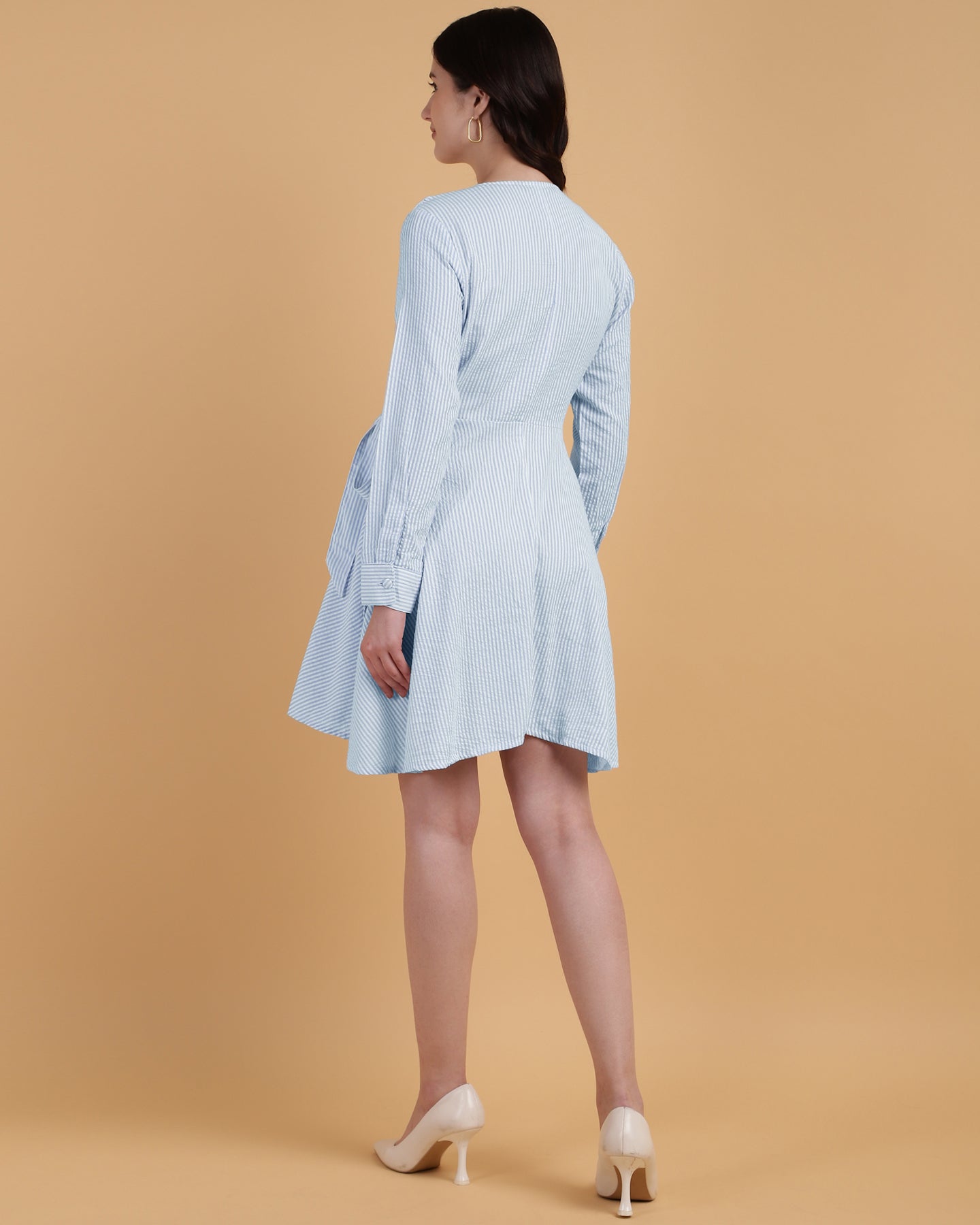 Blue Striped Wrap around Casual Evening Dress-2926
