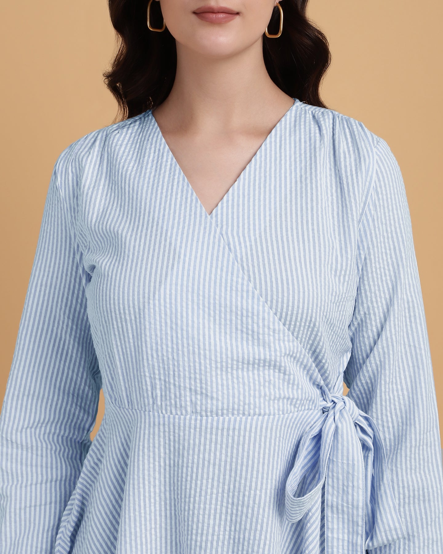 Blue Striped Wrap around Casual Evening Dress-2926