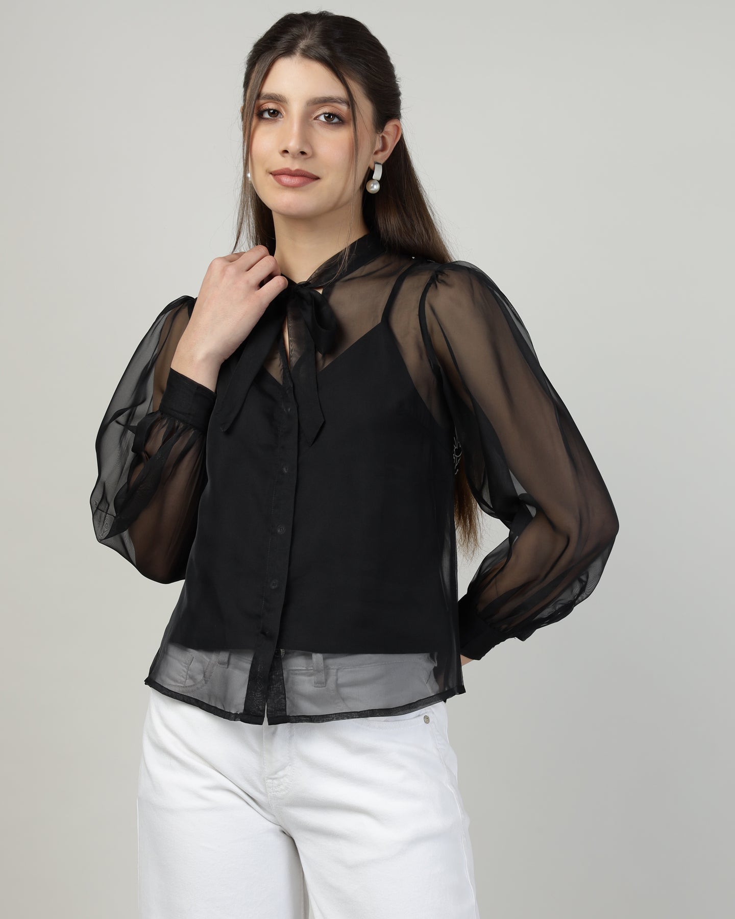 Black Organza embroidered shirt - 2988