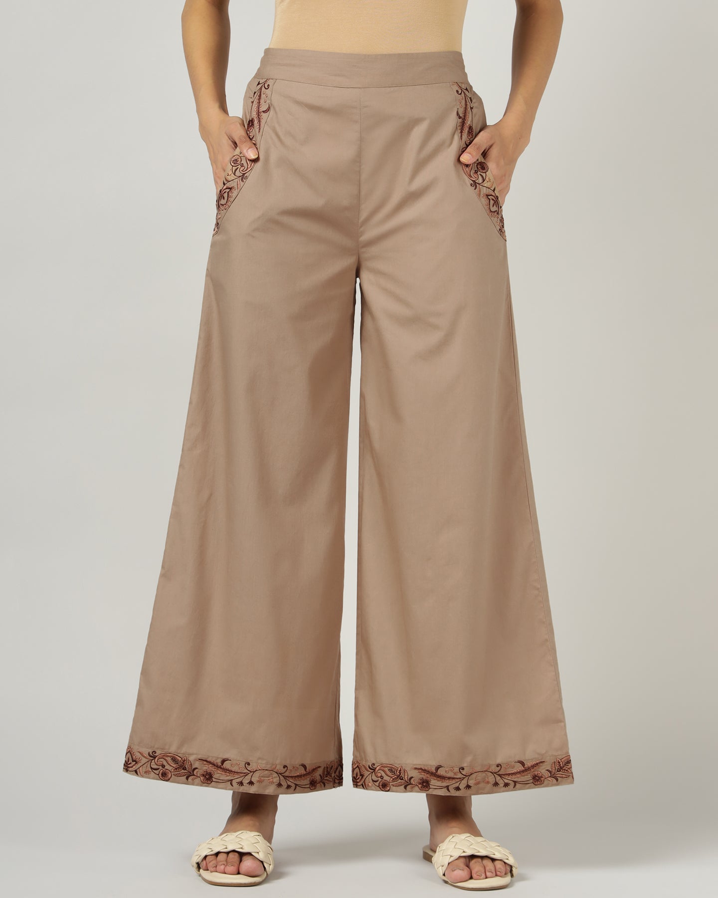 Mocha Embroidered Wide-Leg Trouser - 3041