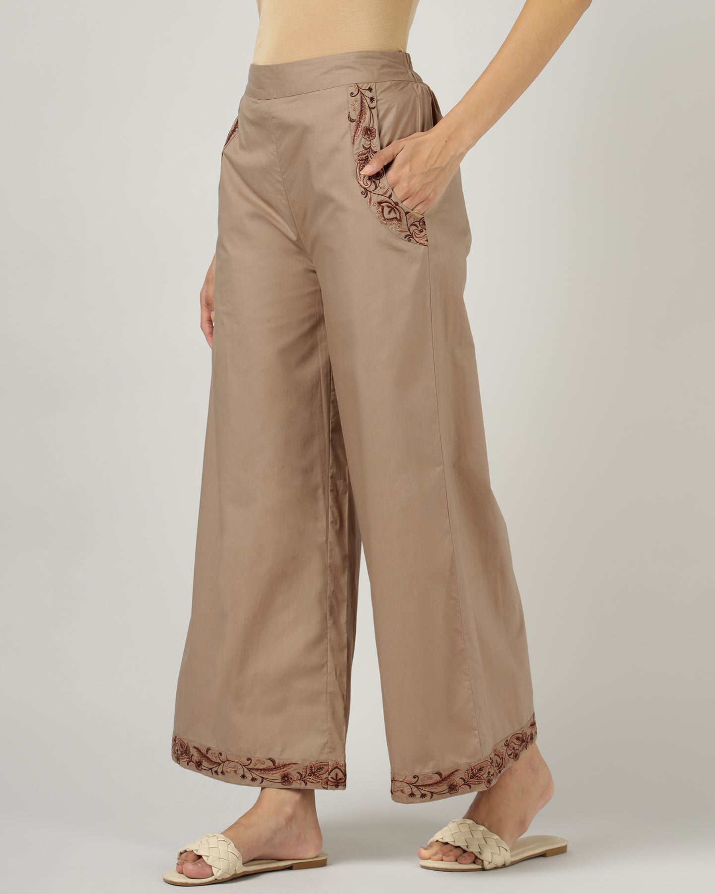 Mocha Embroidered Wide-Leg Trouser - 3041