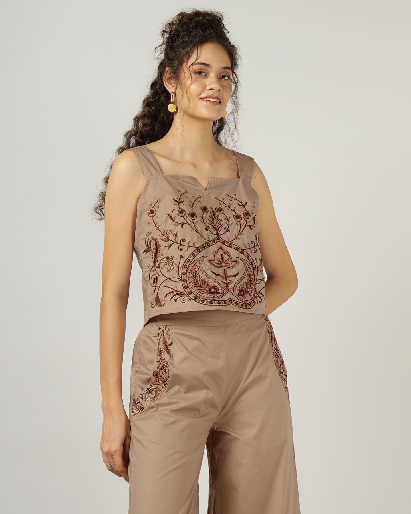 Mocha Fully embroidered strap top - 3040