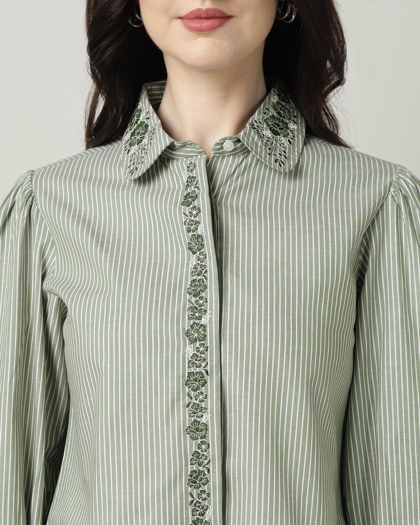 Women’s Green & White Striped Embroidered Crop Shirt -3093