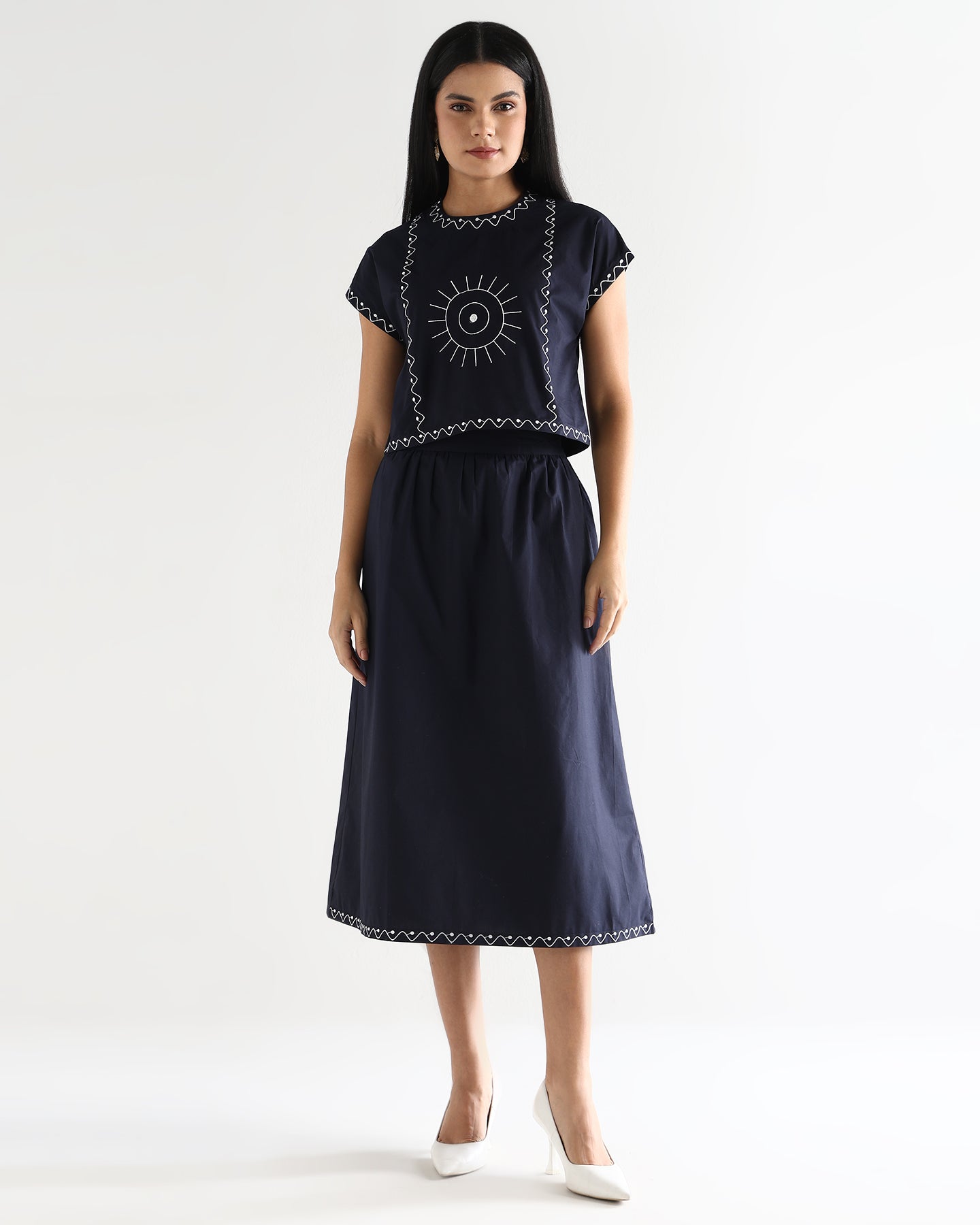 Women’s Embroidered Navy Blue Mock-Neck Crop Top & knotted Skirt Co-ord Set - 3111