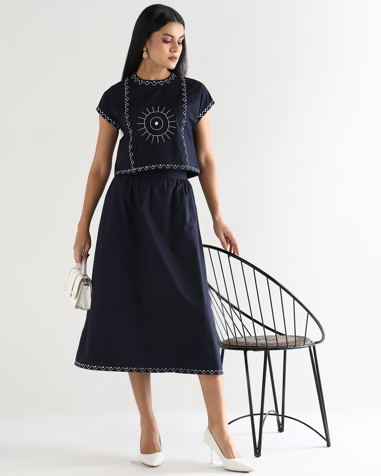Women’s Embroidered Navy Blue Mock-Neck Crop Top & knotted Skirt Co-ord Set - 3111