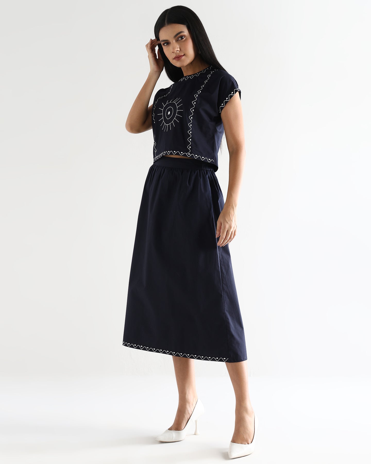Women’s Embroidered Navy Blue Mock-Neck Crop Top & knotted Skirt Co-ord Set - 3111