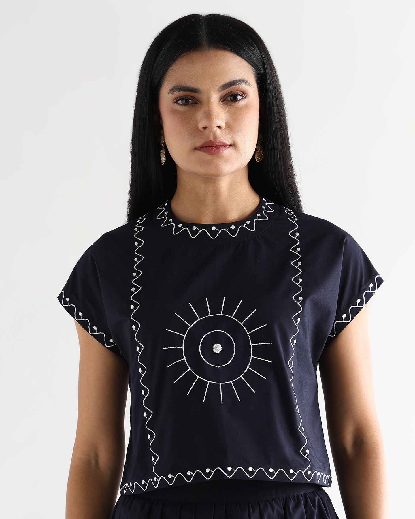Women’s Embroidered Navy Blue Mock-Neck Crop Top & knotted Skirt Co-ord Set - 3111
