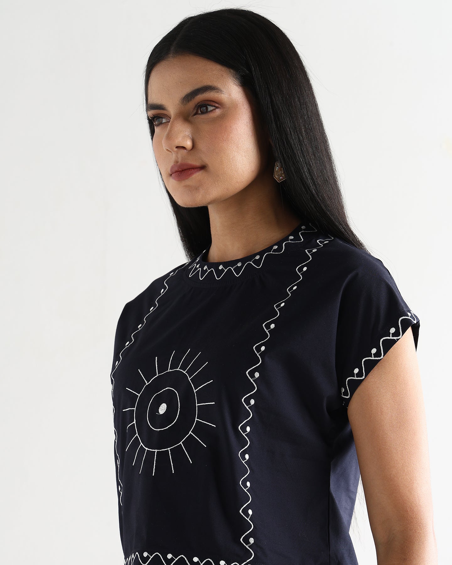 Women’s Embroidered Navy Blue Mock-Neck Crop Top & knotted Skirt Co-ord Set - 3111