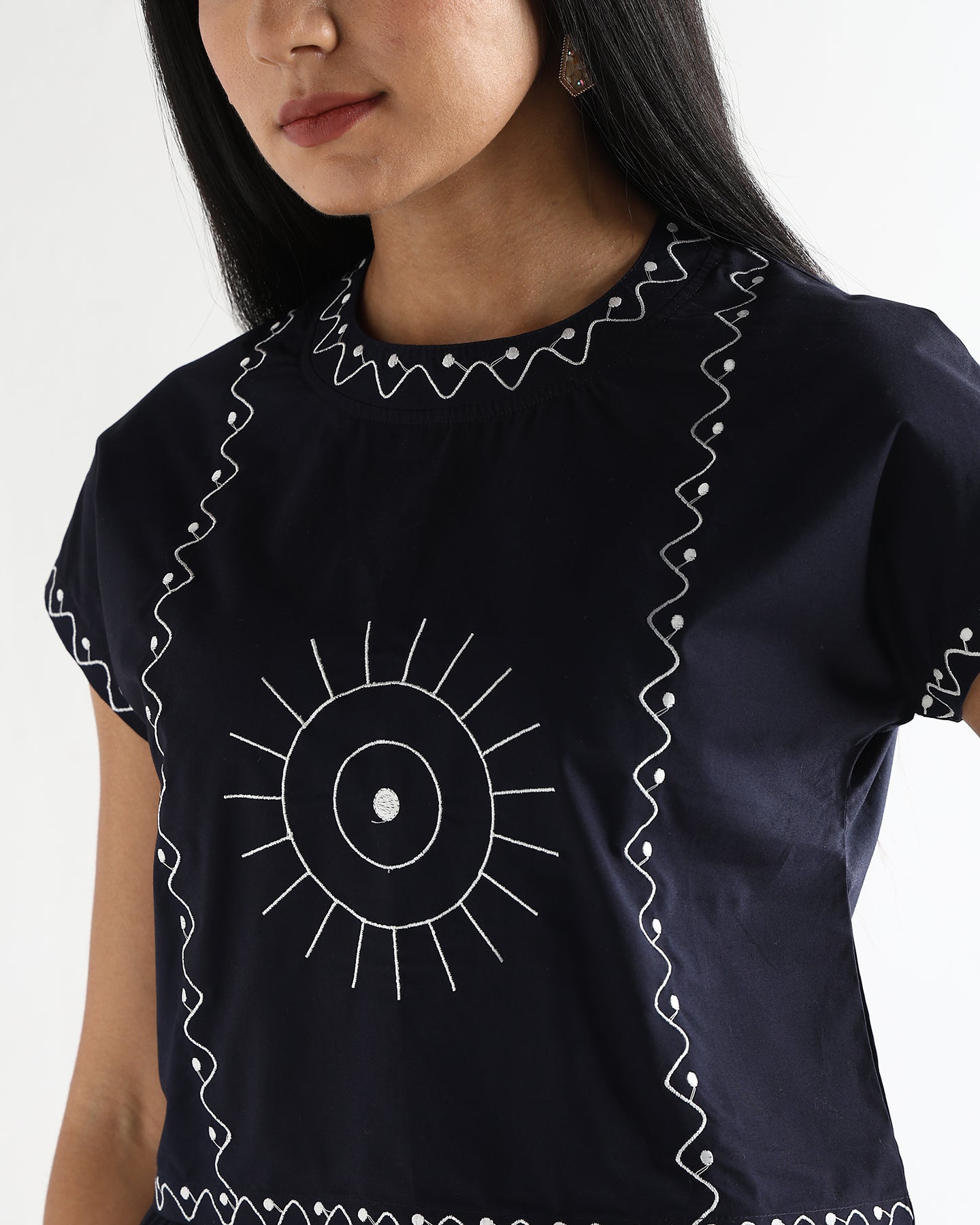 Women’s Embroidered Navy Blue Mock-Neck Crop Top & knotted Skirt Co-ord Set - 3111