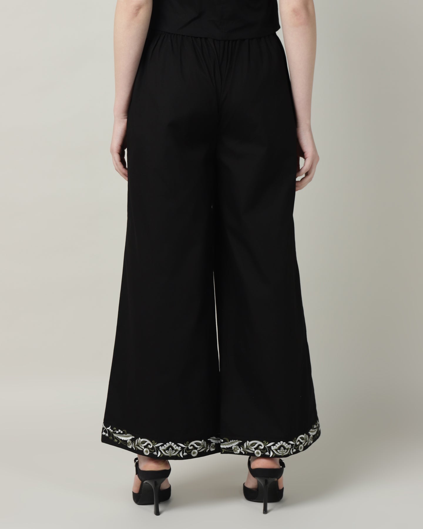 Women’s Black Embroidered Wide-Leg Trousers-3103